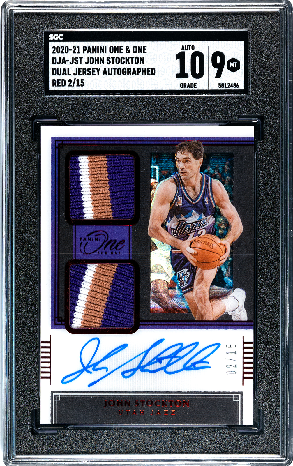John Stockton Autographed 2020 Panini One & One Signed Jersey Card SGC 9 /15
