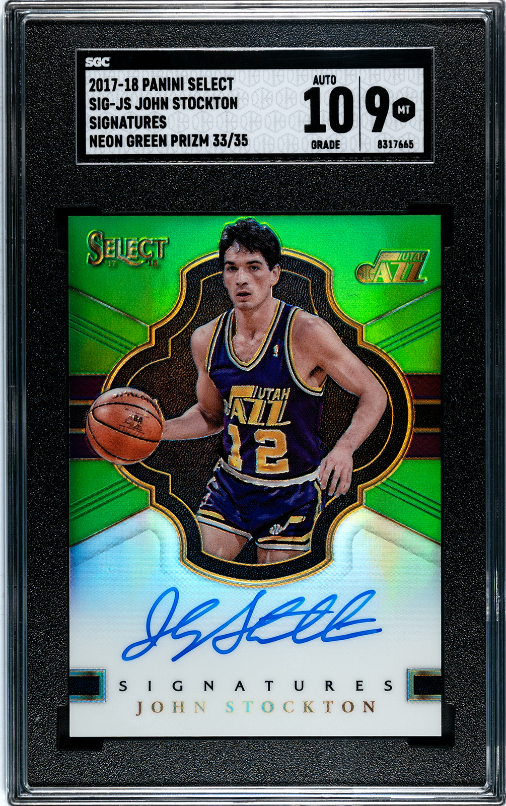 John Stockton Autographed 2017 Panini Select Green Prizm Signed Card SGC 9 /35