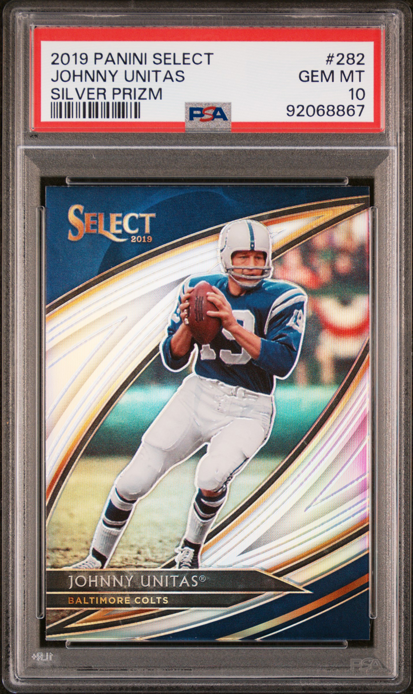 Johnny Unitas 2019 Panini Select Silver Prizm Football Card #282 Graded PSA 10