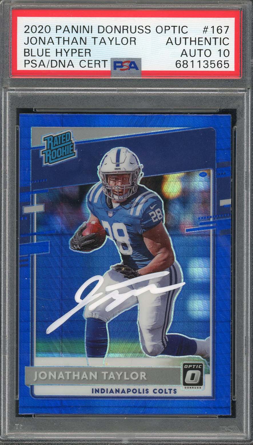 Jonathan Taylor 2020 Panini Optic Blue Hyper Rookie Card #167 Auto PSA 10 A
