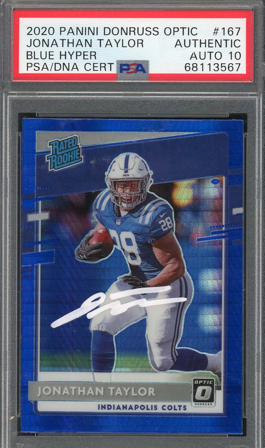 Jonathan Taylor 2020 Panini Optic Blue Hyper Rookie Card #167 Auto PSA 10 C