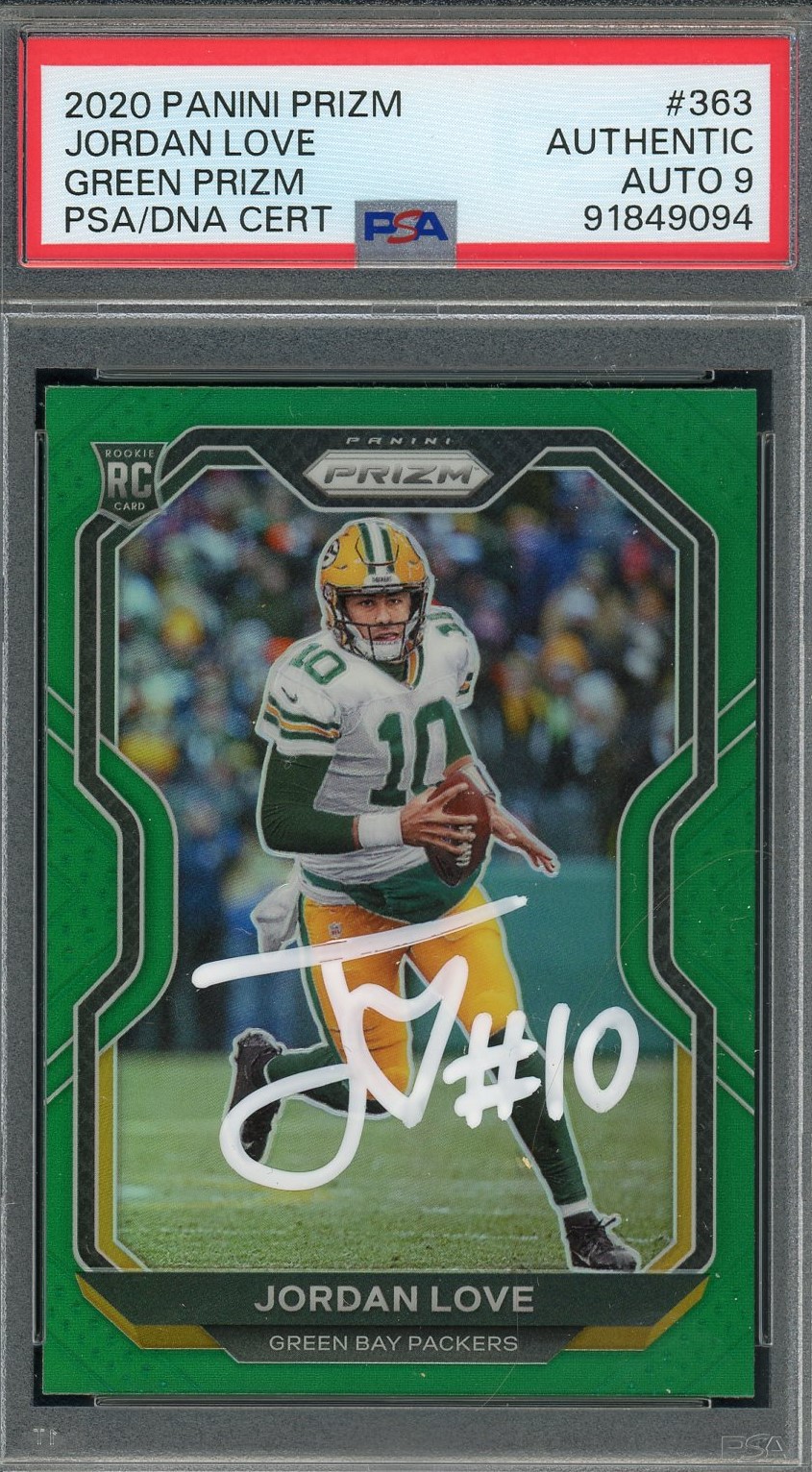 Jordan Love 2020 Panini Prizm Green Signed Rookie Card #363 Auto Graded PSA 9
