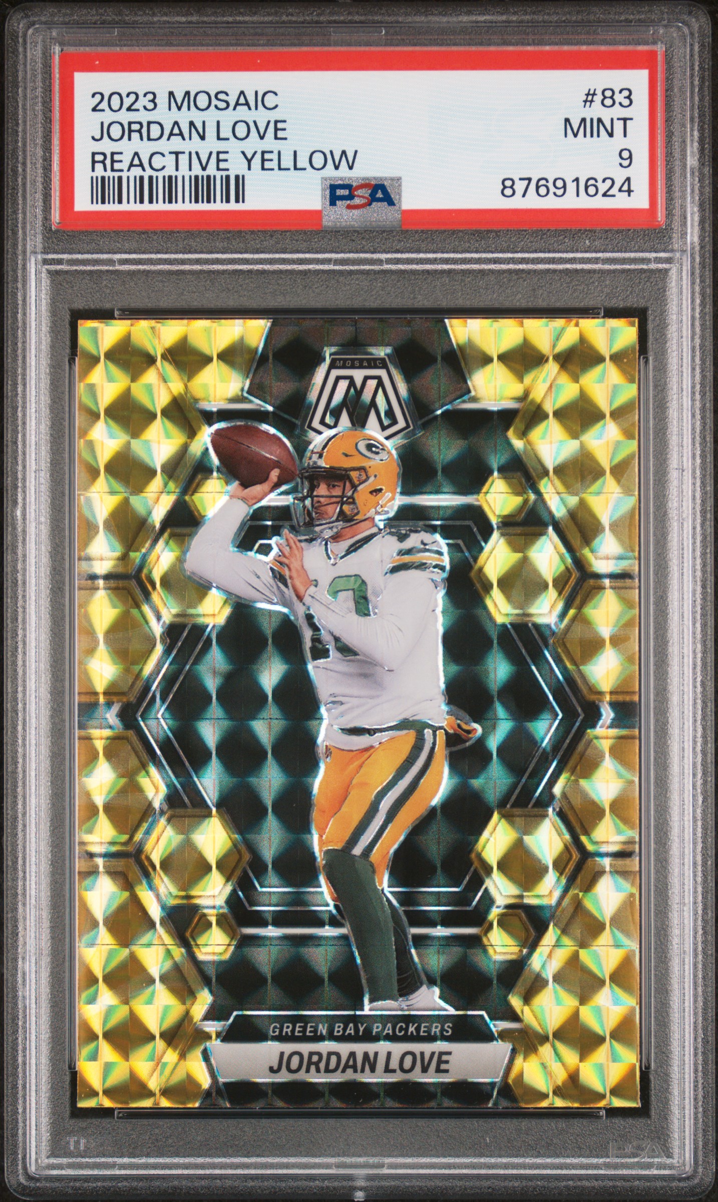 Jordan Love 2023 Panini Mosaic Reactive Yellow Football Card #83 Graded PSA 9