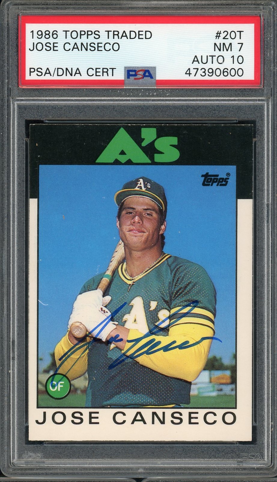 Jose Canseco 1986 Topps Traded Signed Rookie Card #20T Auto Graded PSA 10  90600