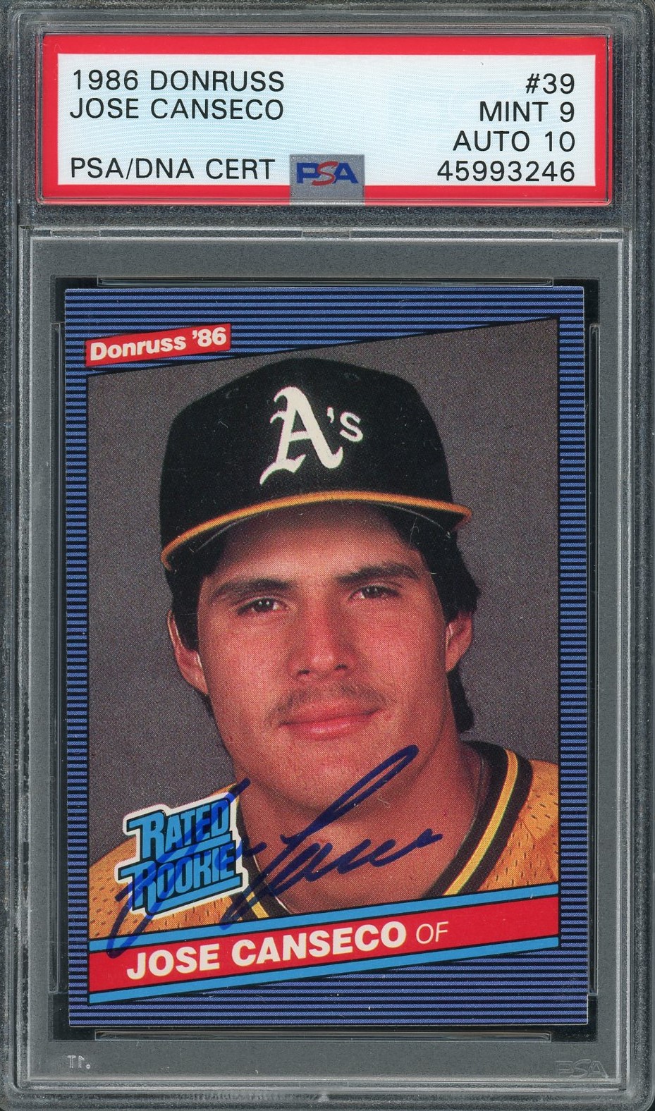 Jose Canseco 1986 Donruss Signed Baseball Rookie Card #39 Auto Graded PSA 10