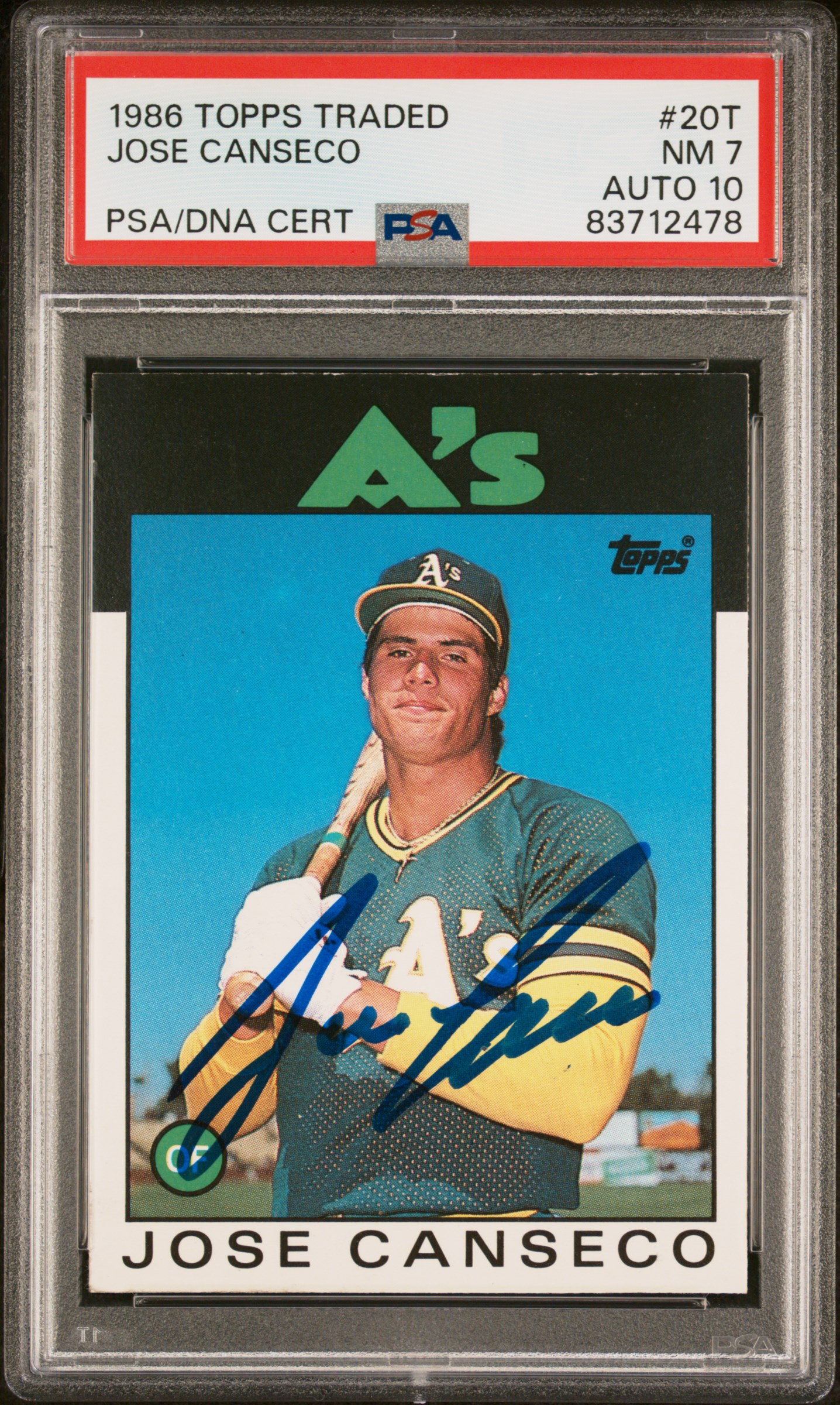 Jose Canseco 1986 Topps Traded Signed Rookie Card #20T Auto Graded PSA 10 712478
