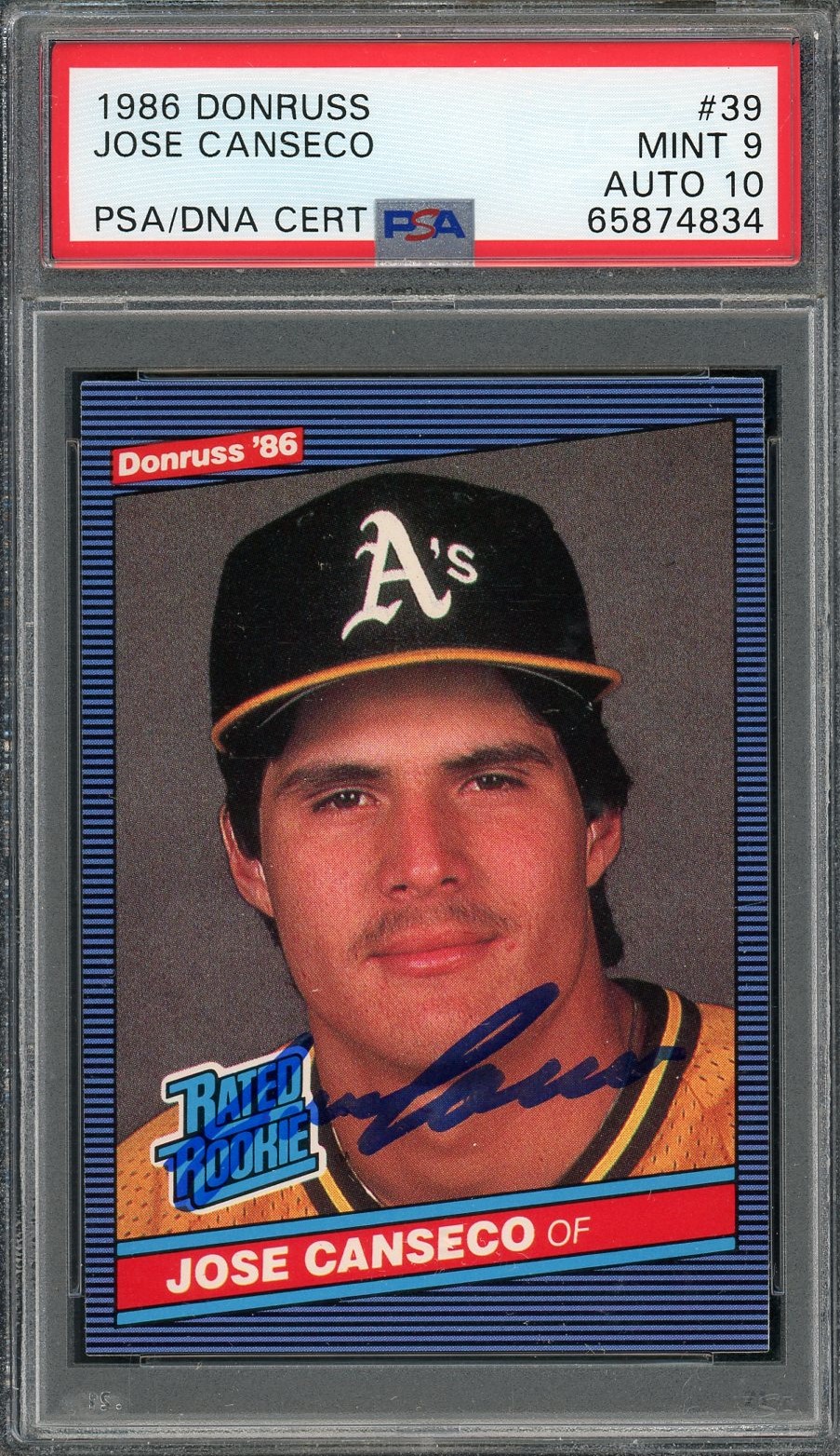 Jose Canseco 1986 Donruss Signed Rookie Card #39 Auto Graded PSA 10 65874834