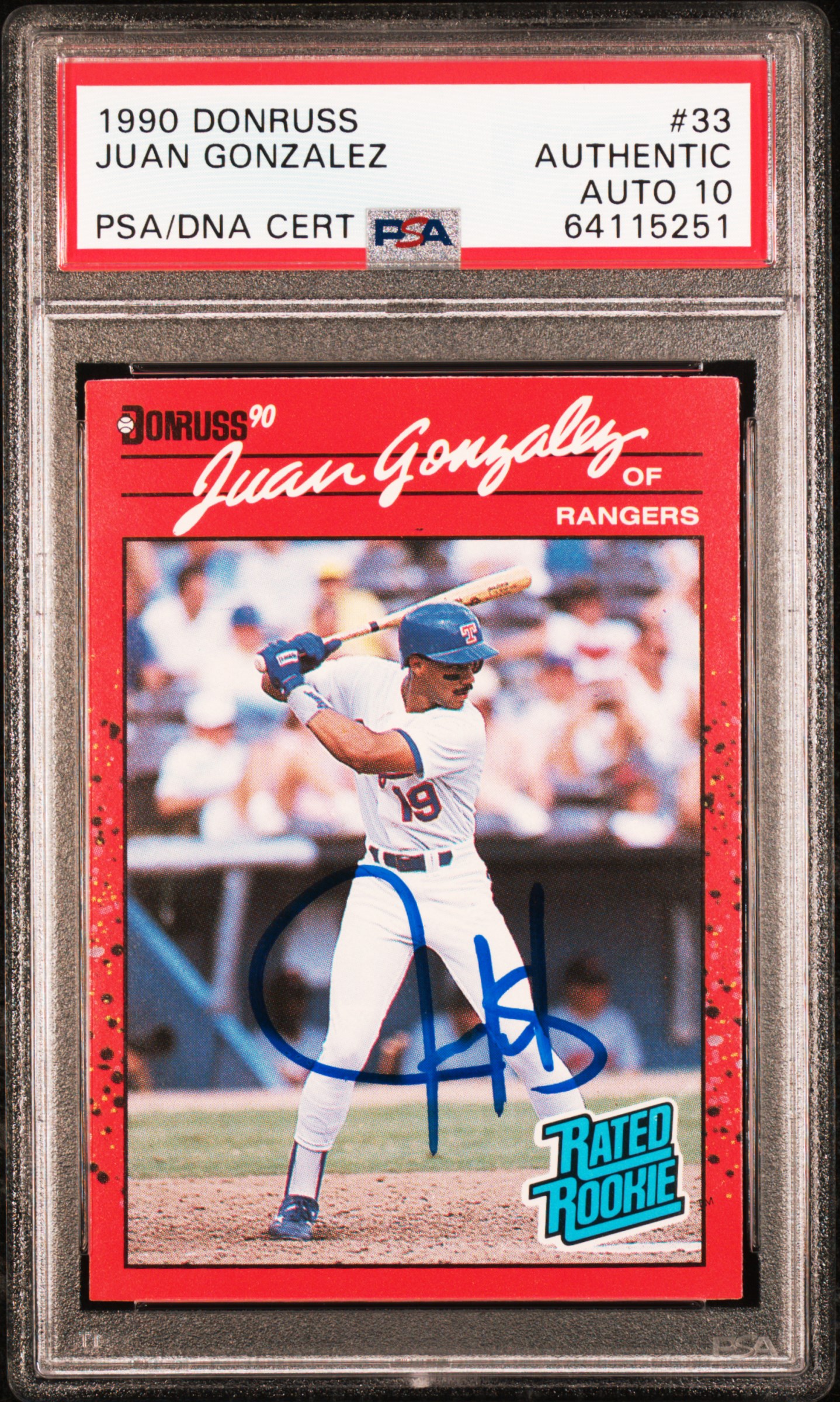 Juan Gonzalez 1990 Donruss Signed Baseball Rookie Card #33 Auto Graded PSA 10