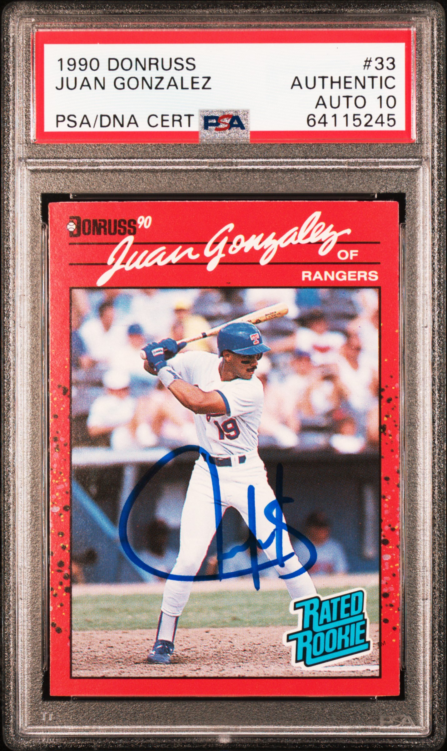 Juan Gonzalez 1990 Donruss Signed Rookie Card #33 Auto Graded PSA 10 64115245