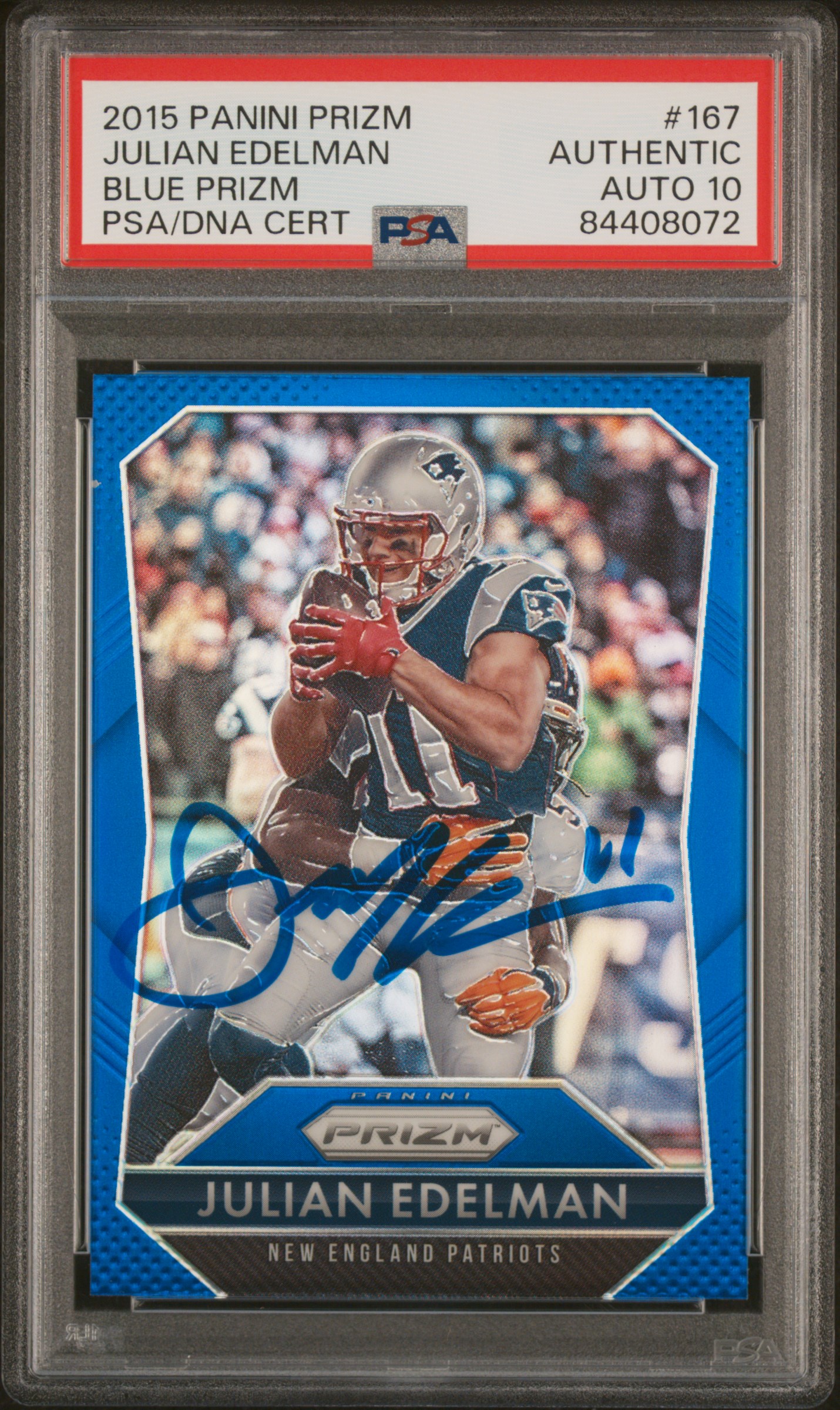 Julian Edelman 2015 Panini Blue Prizm Signed Football Card #167 Auto PSA 10