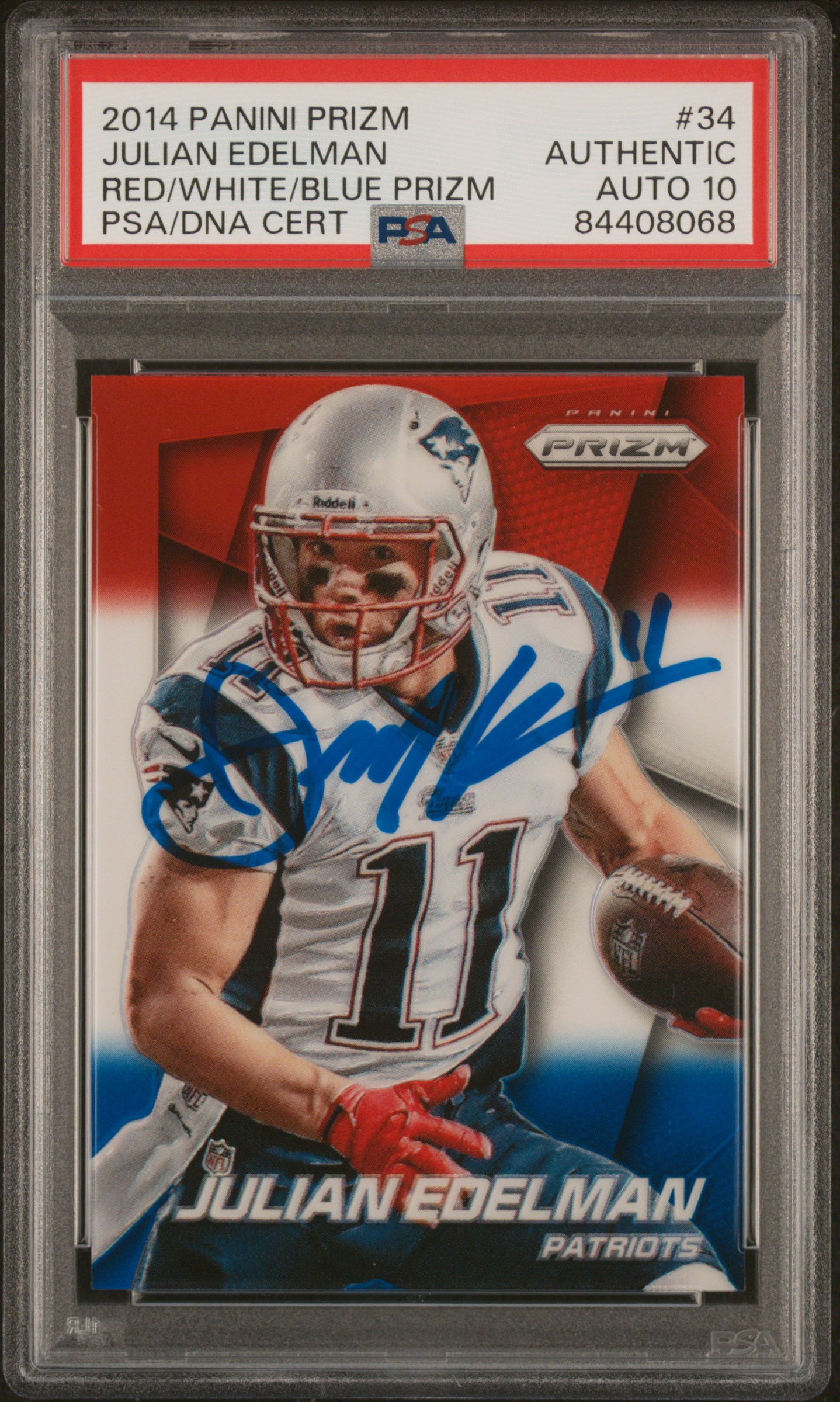 Julian Edelman 2014 Panini Red White Blue Prizm Signed Card #34 Auto PSA 10 8068