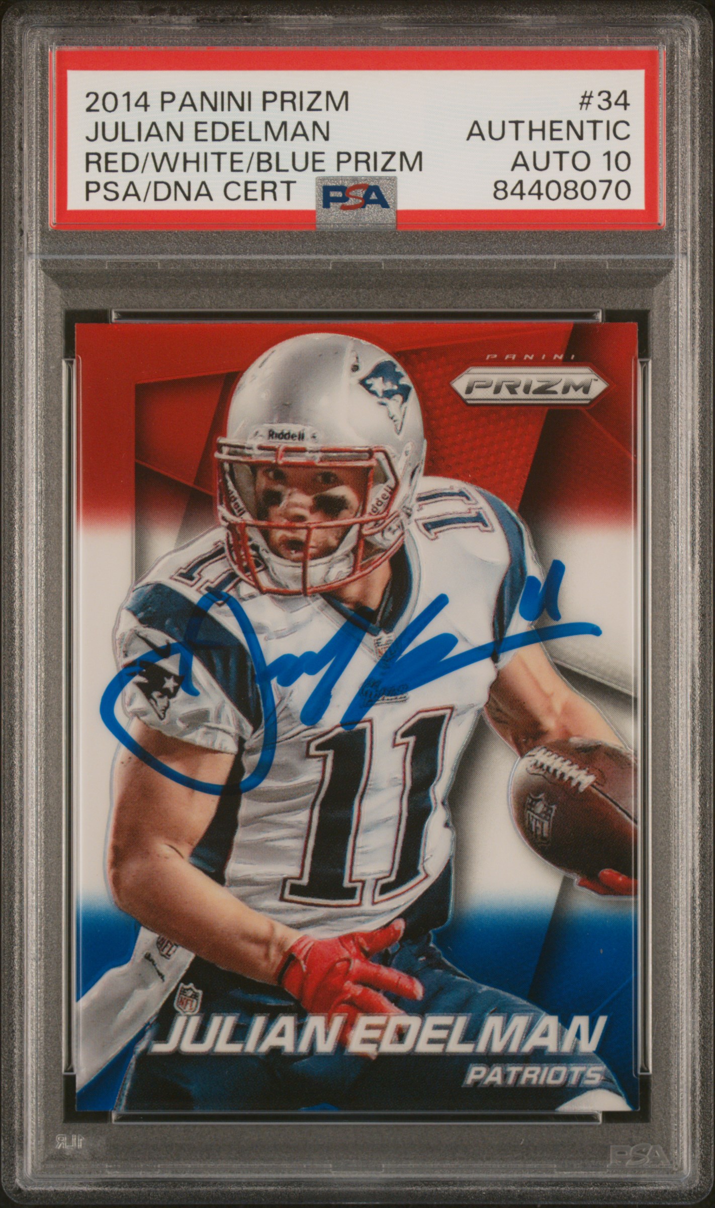 Julian Edelman 2014 Panini Red White Blue Prizm Signed Card #34 Auto PSA 10 8070