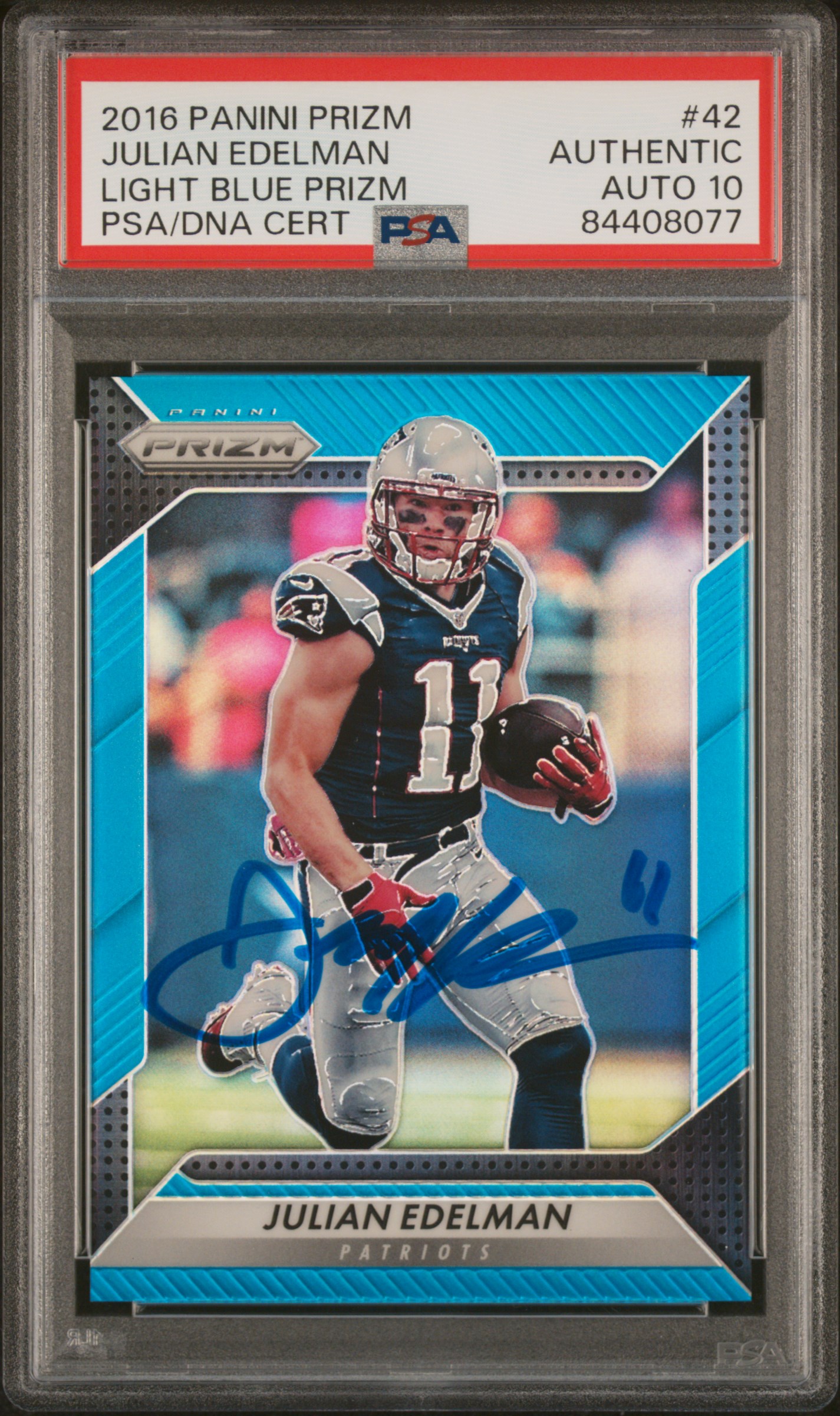 Julian Edelman 2016 Panini Prizm Light Blue Signed Card #42 Auto PSA 10 15/199