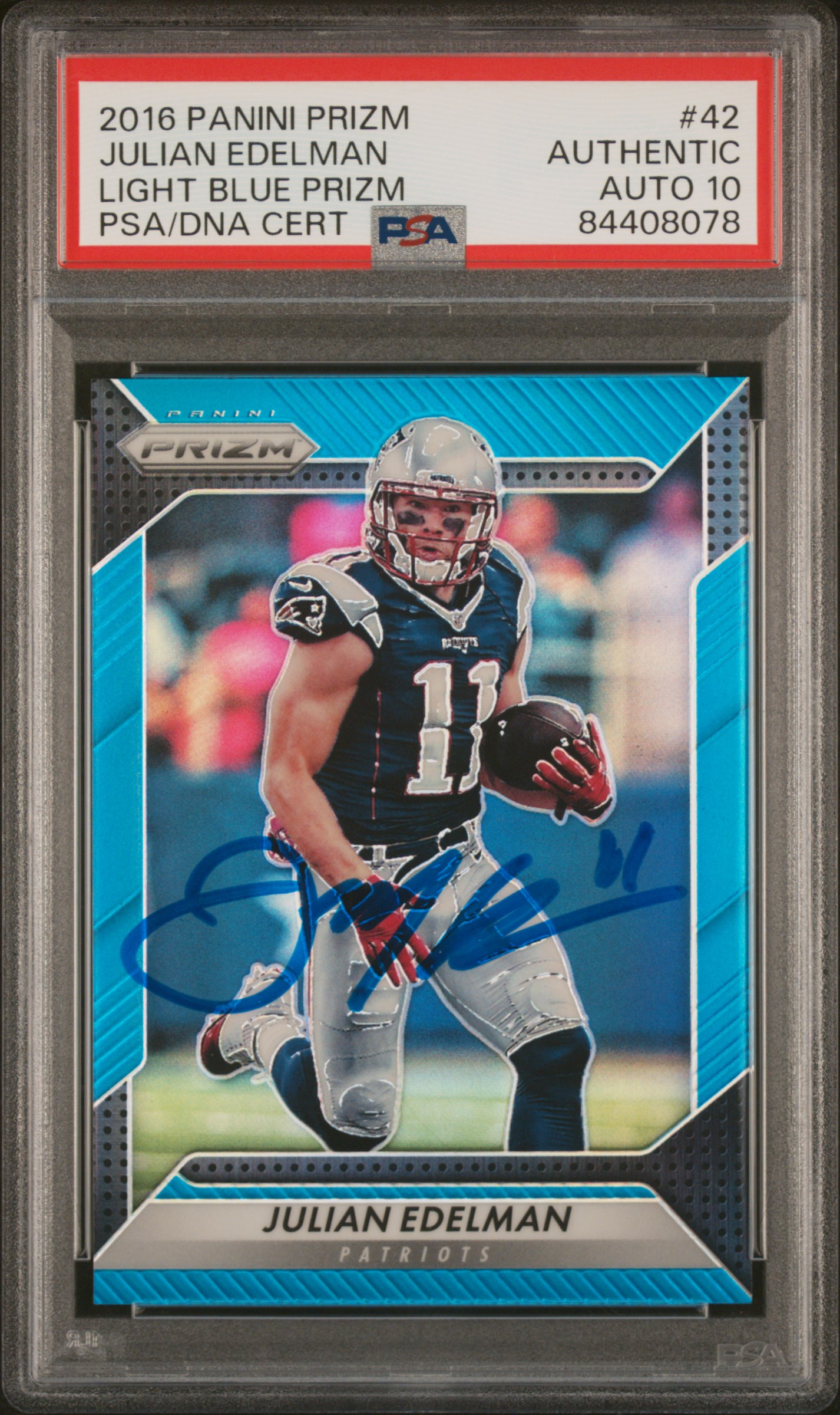 Julian Edelman 2016 Panini Prizm Light Blue Signed Card #42 Auto PSA 10 40/199
