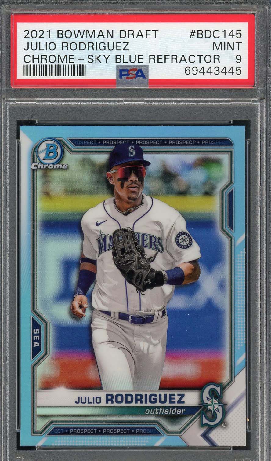 Julio Rodriguez 2021 Bowman Draft Chrome Sky Blue Refractor Rookie Card PSA 9