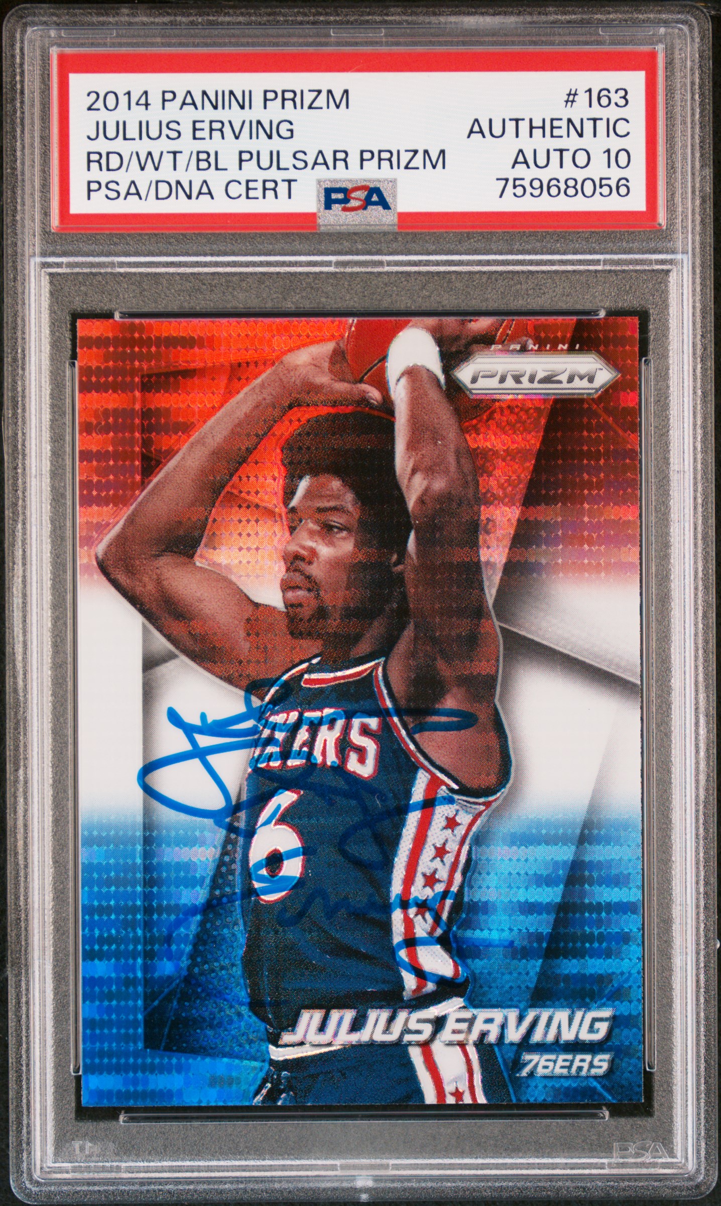 Julius Erving 2014 Panini Prizm Red White Blue Pulsar Card #163 Auto PSA 10