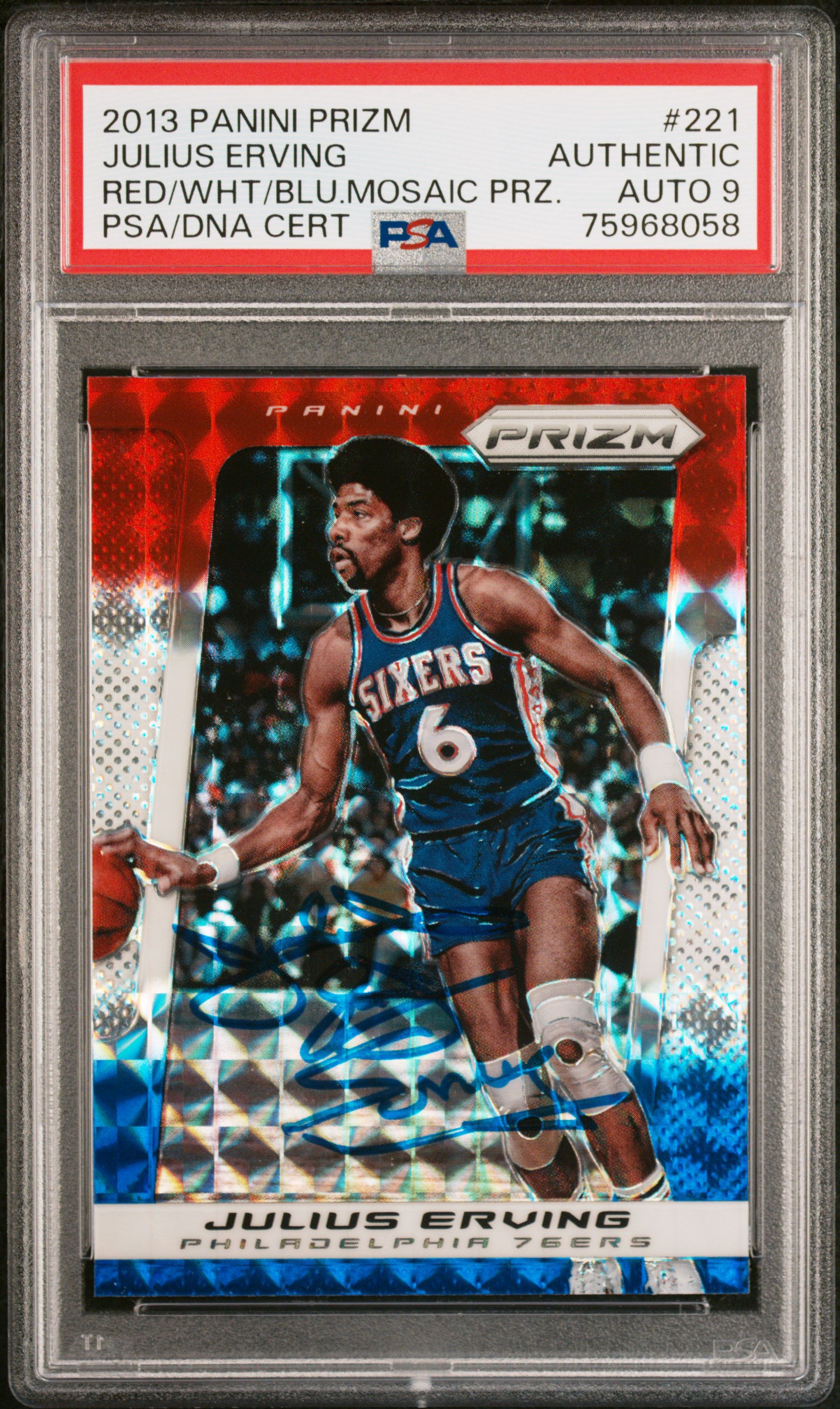 Julius Erving 2013 Panini Prizm Red White Blue Mosaic Card #221 Auto PSA 9