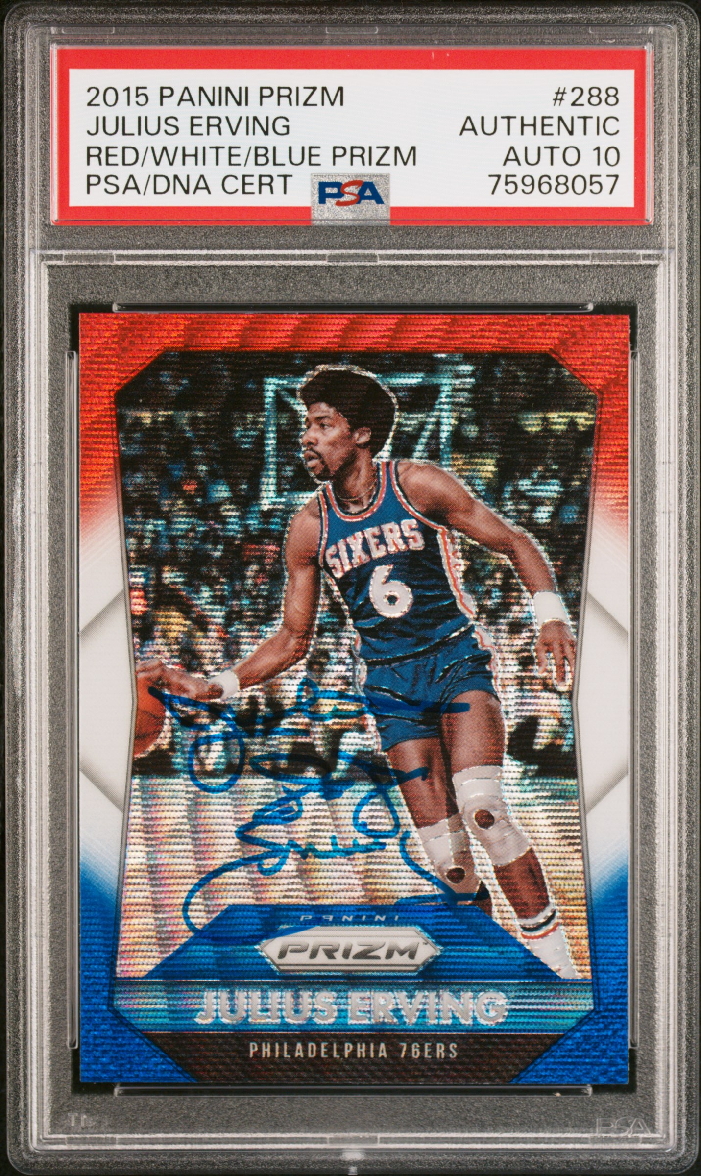 Julius Erving 2015 Panini Prizm Red White Blue Signed Card #288 Auto PSA 10