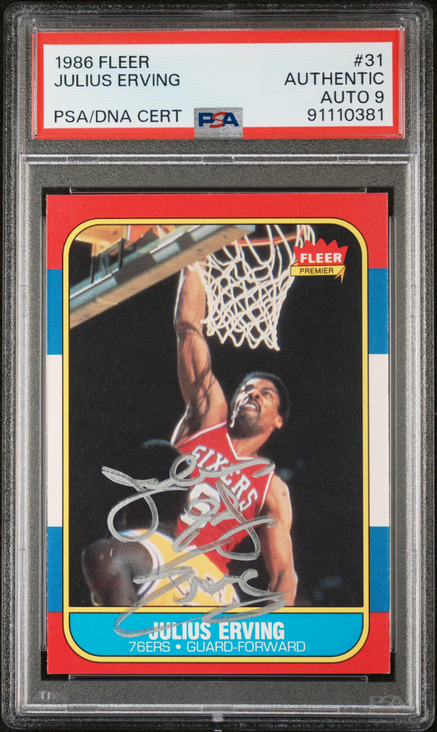 Julius Erving 1986 Fleer Signed Basketball Card #31 Auto Graded PSA 9 91110381