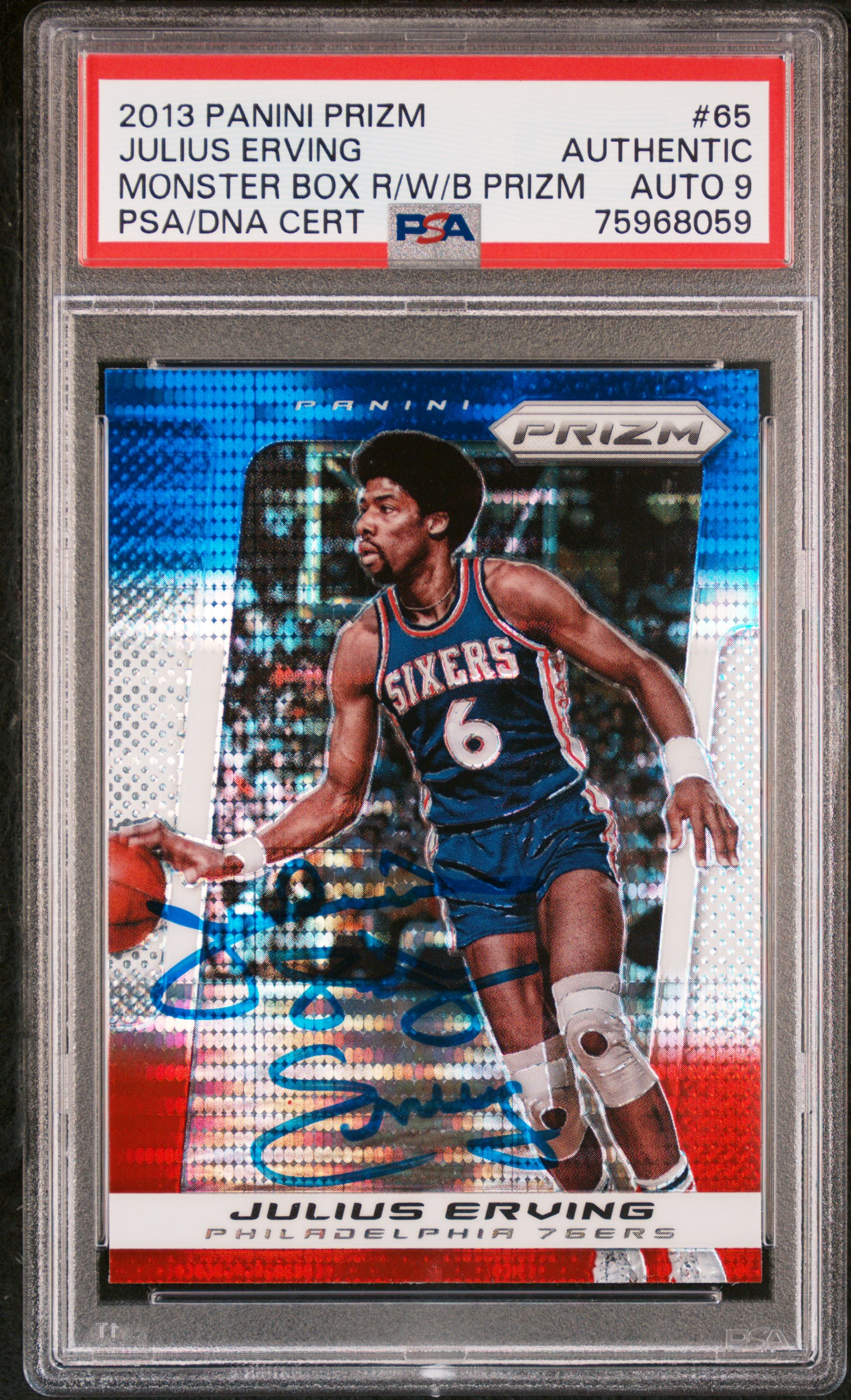 Julius Erving 2013 Panini Prizm Red White Blue Monster Box Card #65 Auto PSA 9