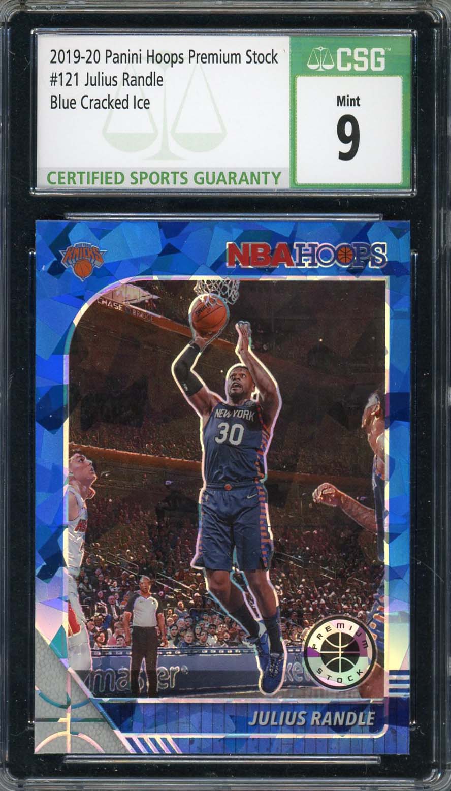 Julius Randle 2019-20 Panini Hoops Premium Stock Blue Cracked Ice #121 CSG 9