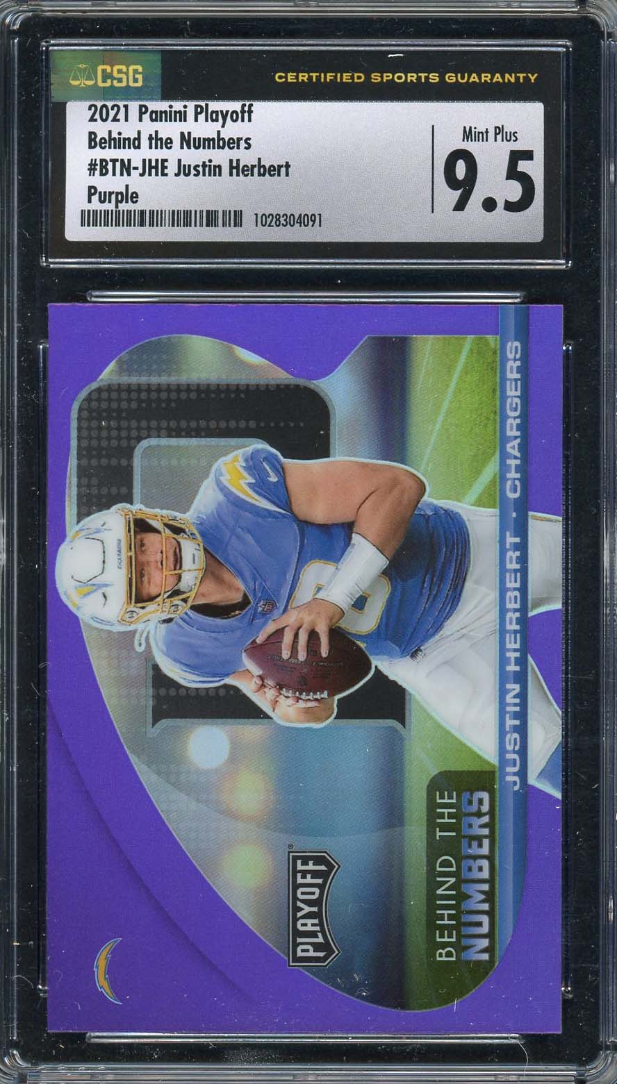 Justin Herbert 2021 Panini Playoff Behind the Numbers Purple Card Graded CSG 9.5
