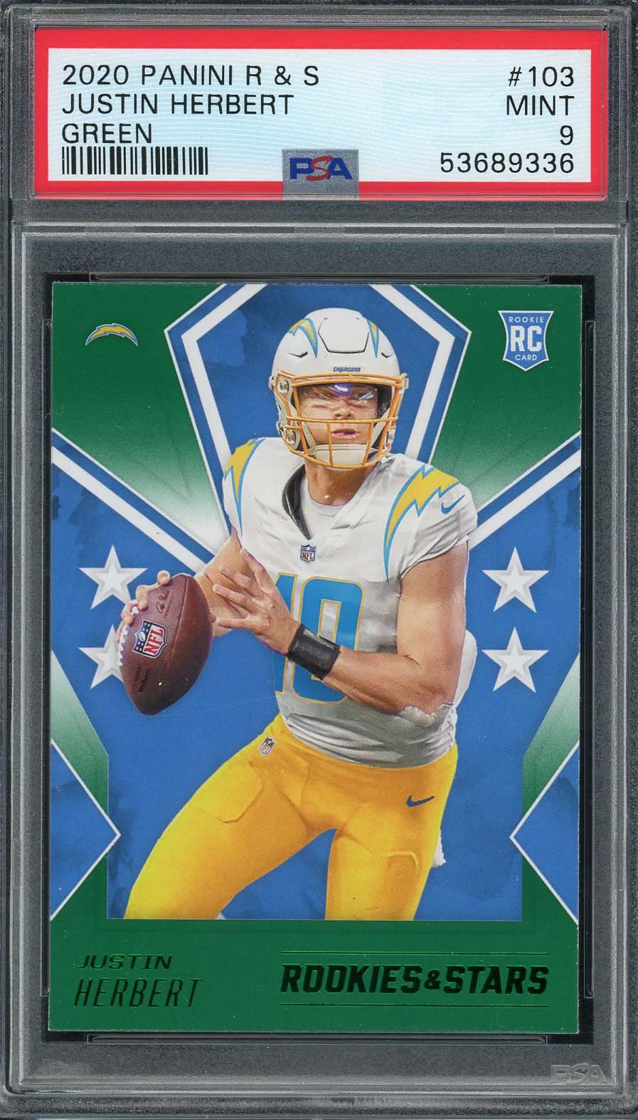 Justin Herbert 2020 Panini Rookies and Stars Green Rookie Card #103 Graded PSA 9