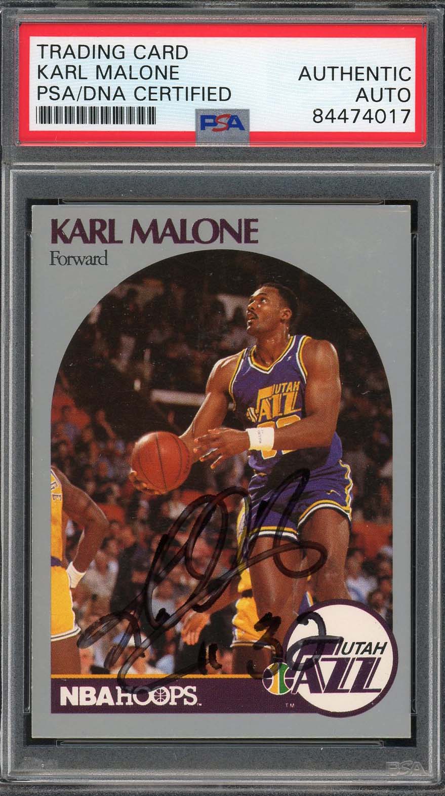 Karl Malone 1990 Hoops Autographed Basketball Card #292 Graded PSA