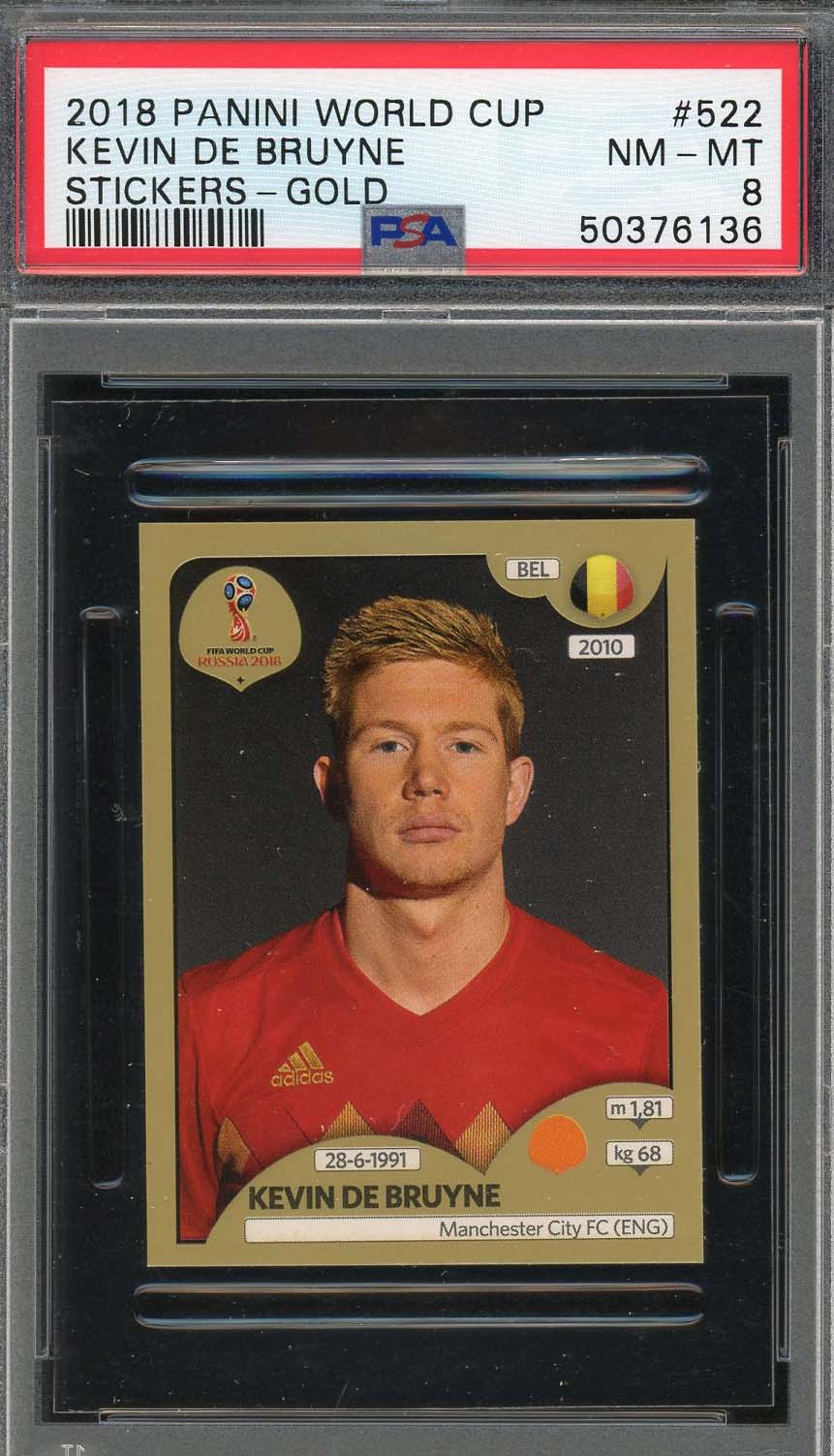 Kevin De Bruyne 2018 Panini World Cup Gold Stickers Card #522 PSA 8