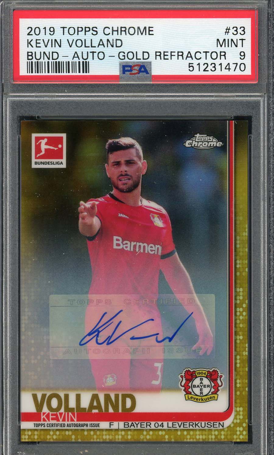 Kevin Volland 2019 Topps Chrome Bundesliga Gold Refractor Auto Card PSA 9 /50
