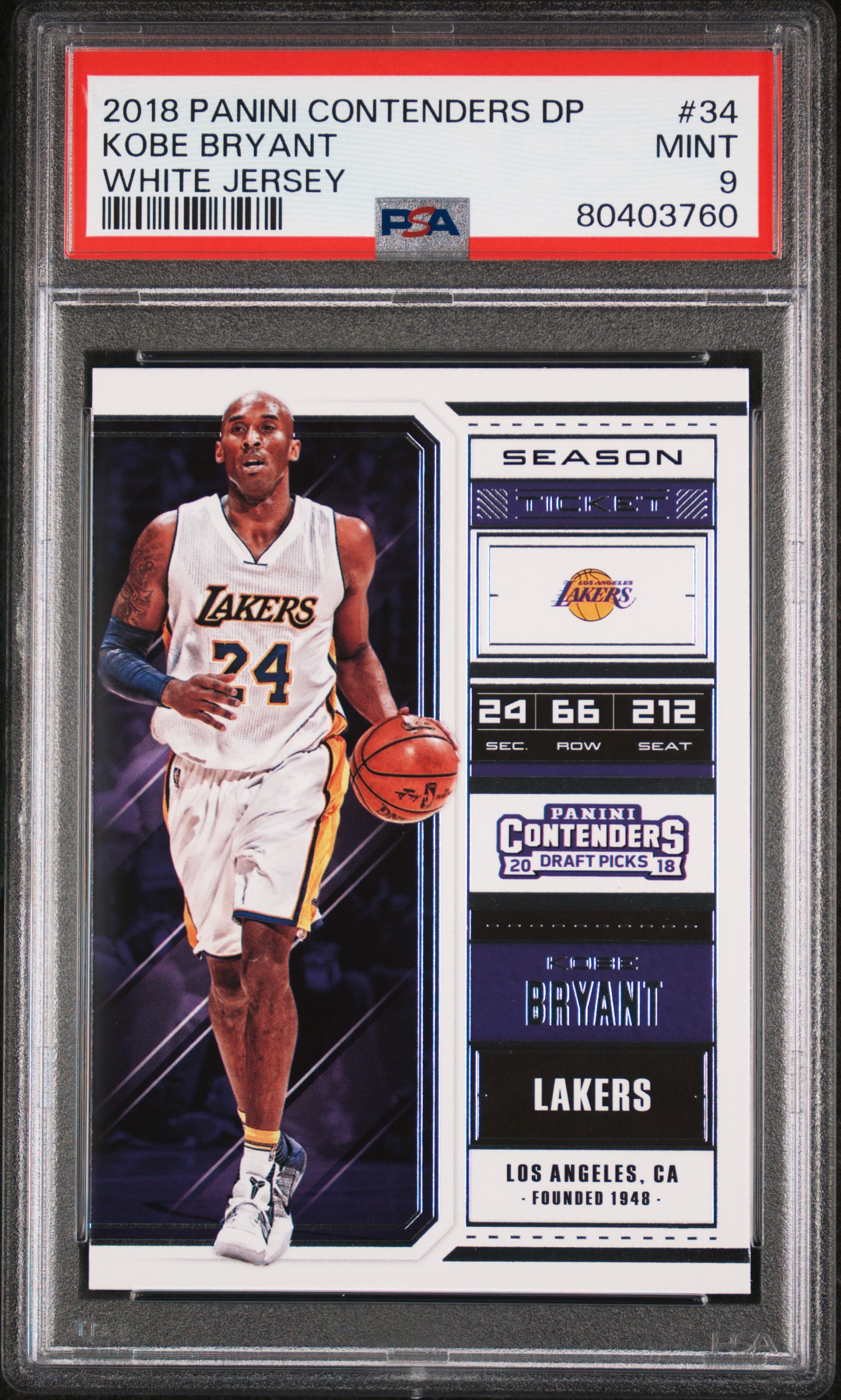Kobe Bryant 2018 Panini Contenders White Jersey Basketball Card #34 Graded PSA 9