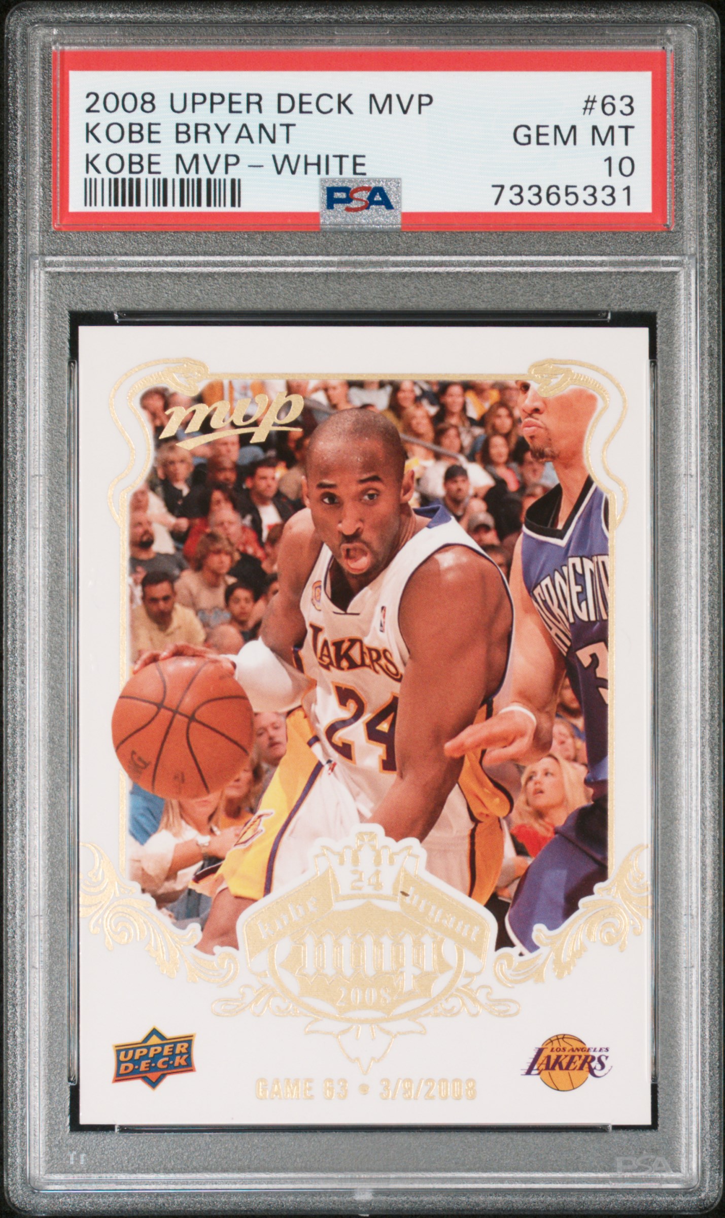 Kobe Bryant 2008 Upper Deck MVP White Basketball Card #63 Graded PSA 10