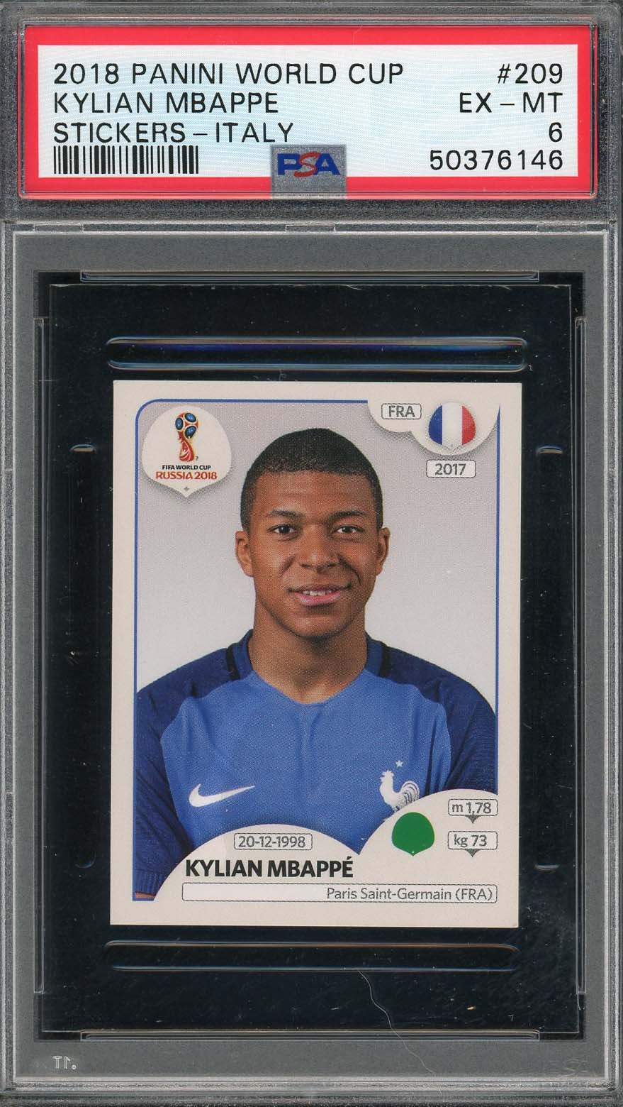 Kylian Mbappe 2018 Panini World Cup Rookie Stickers Italy Card #209 PSA 6 Kylian Mbappe 2018 Panini World Cup Rookie Stickers Italy Card #209 PSA 6