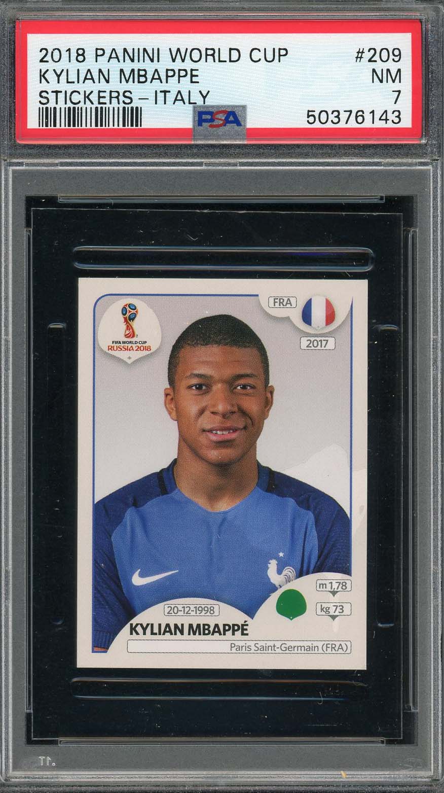 Kylian Mbappe 2018 Panini World Cup Rookie Stickers Italy Card #209 PSA 7 Kylian Mbappe 2018 Panini World Cup Rookie Stickers Italy Card #209 PSA 7