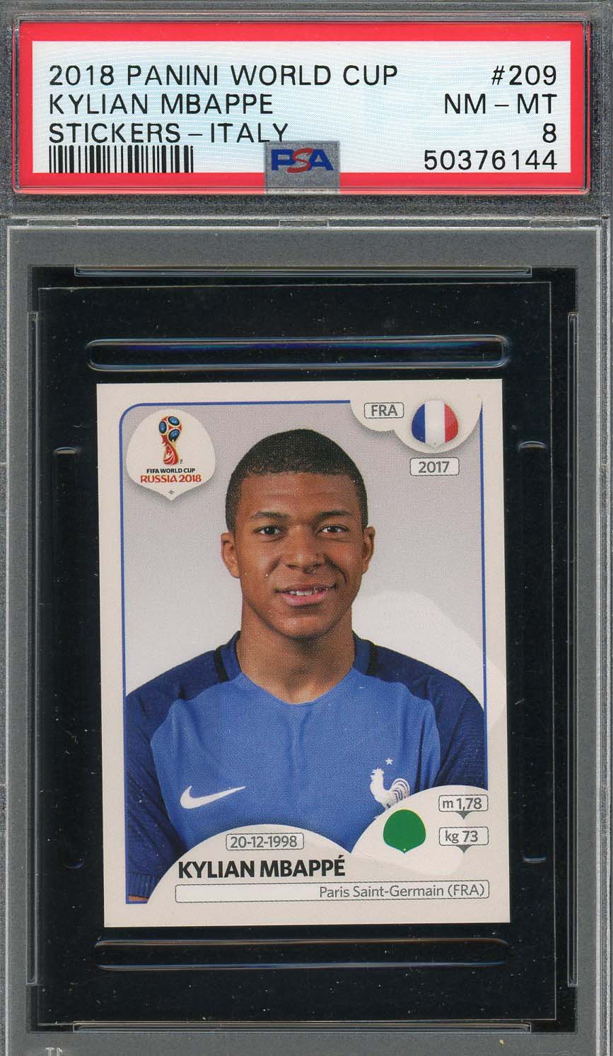 Kylian Mbappe 2018 Panini World Cup Rookie Stickers Italy Card #209 PSA 8 Kylian Mbappe 2018 Panini World Cup Rookie Stickers Italy Card #209 PSA 8