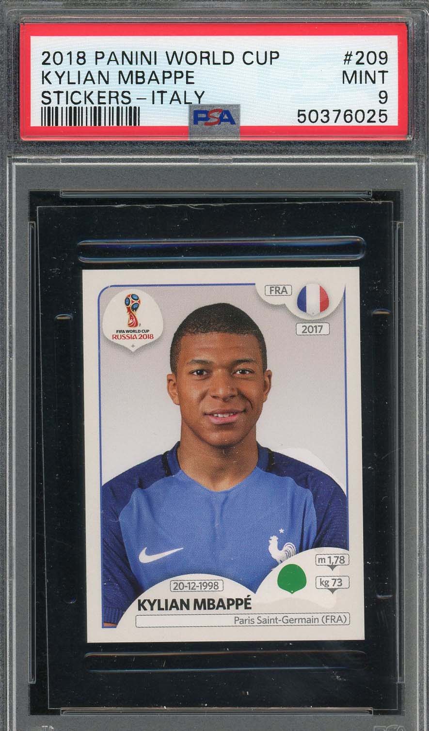 Kylian Mbappe 2018 Panini World Cup Rookie Stickers Italy Card #209 PSA 9 Kylian Mbappe 2018 Panini World Cup Rookie Stickers Italy Card #209 PSA 9