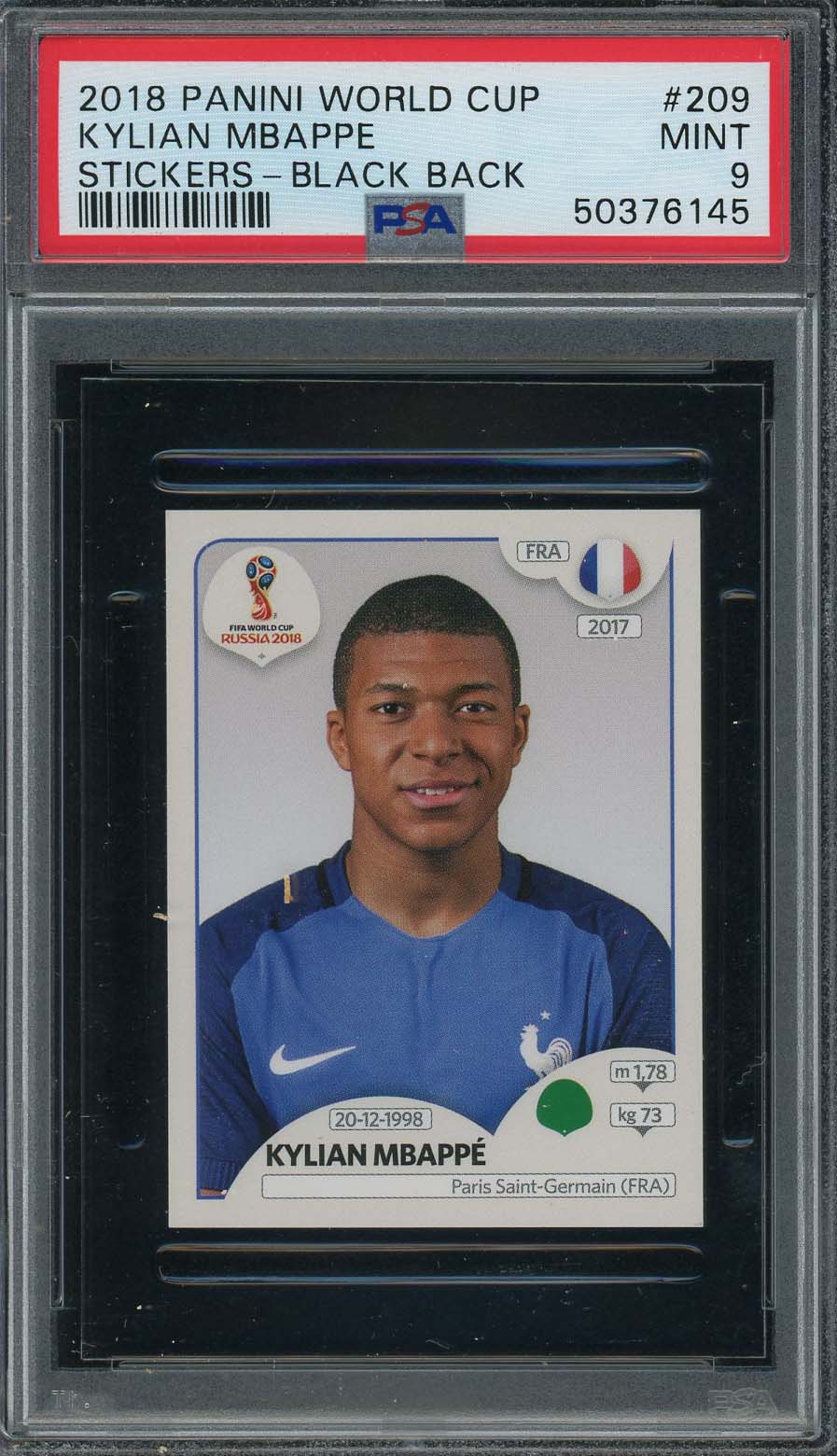 Kylian Mbappe 2018 Panini World Cup Rookie Stickers Black Back Card #209 PSA 9 Kylian Mbappe 2018 Panini World Cup Rookie Stickers Black Back Card #209 PSA 9