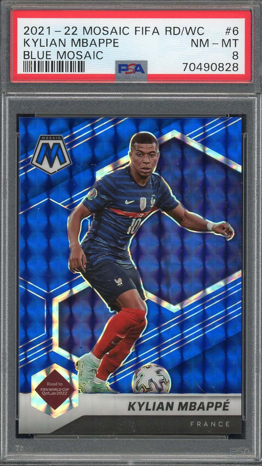Kylian Mbappe 2021-22 Panini Blue Mosaic Qatar World Cup Card #6 PSA 8 59/99