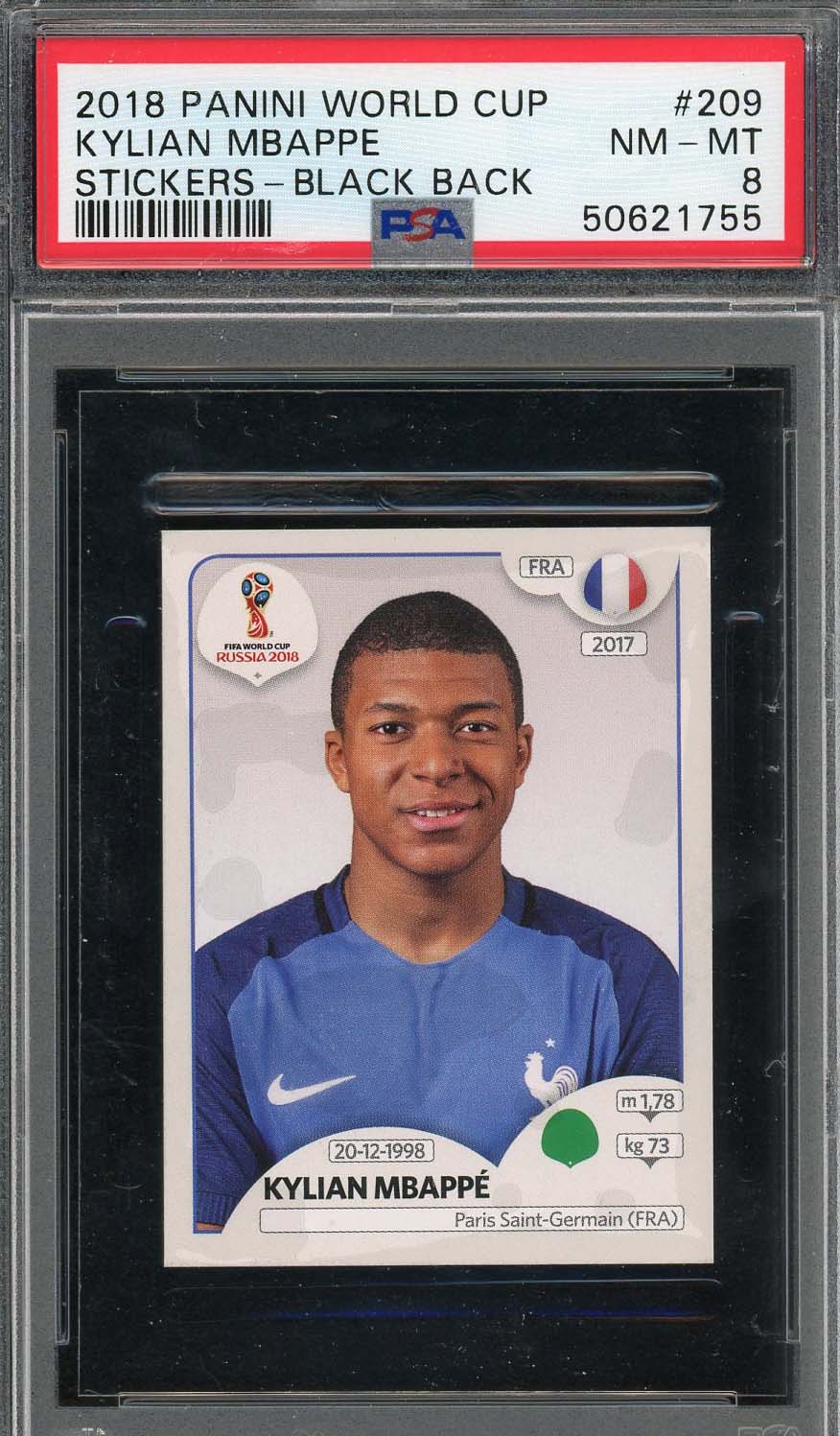 Kylian Mbappe 2018 Panini World Cup Rookie Stickers Black Back Card #209 PSA 8