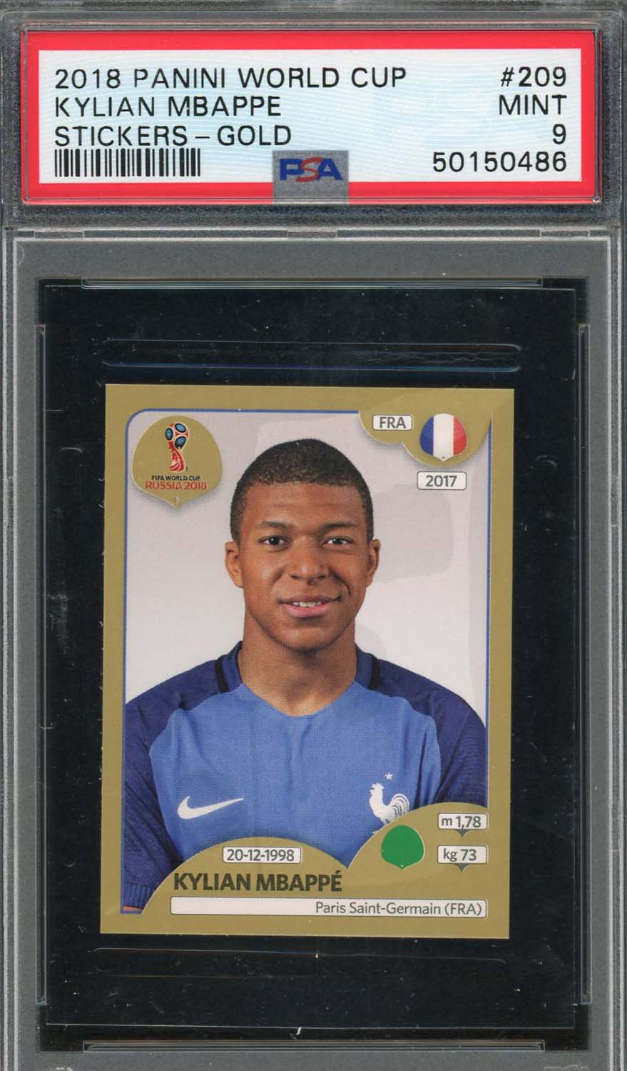 Kylian Mbappe 2018 Panini World Cup Stickers Gold Rookie Card #209 PSA 9