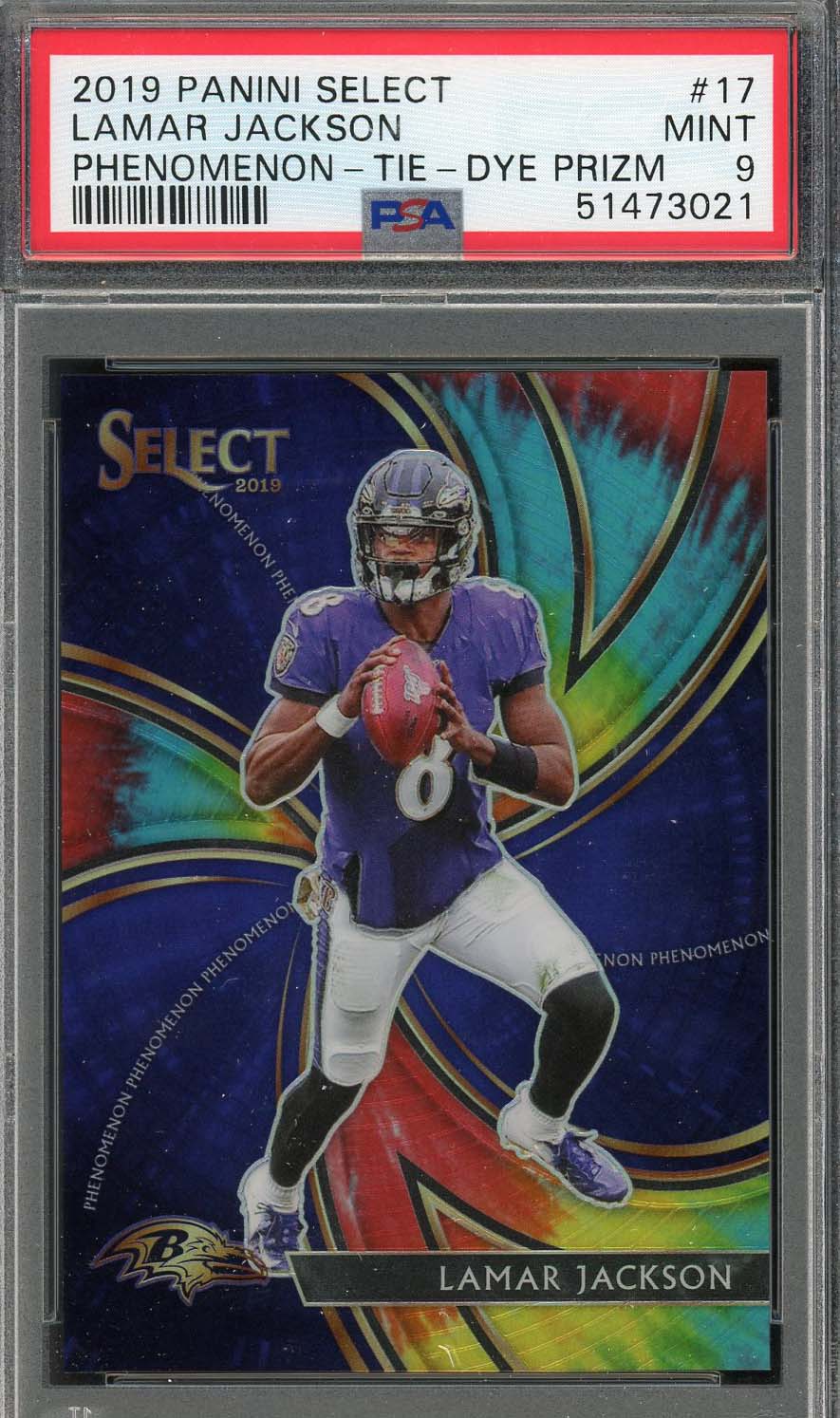Lamar Jackson 2019 Panini Select Phenomenon Tie Dye Prizm Card #17 PSA 9 /25 Lamar Jackson 2019 Panini Select Phenomenon Tie Dye Prizm Card #17 PSA 9 /25
