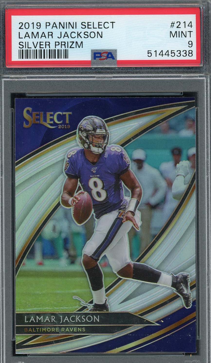 Lamar Jackson 2019 Panini Select Silver Prizm Football Card #214 Graded PSA 9