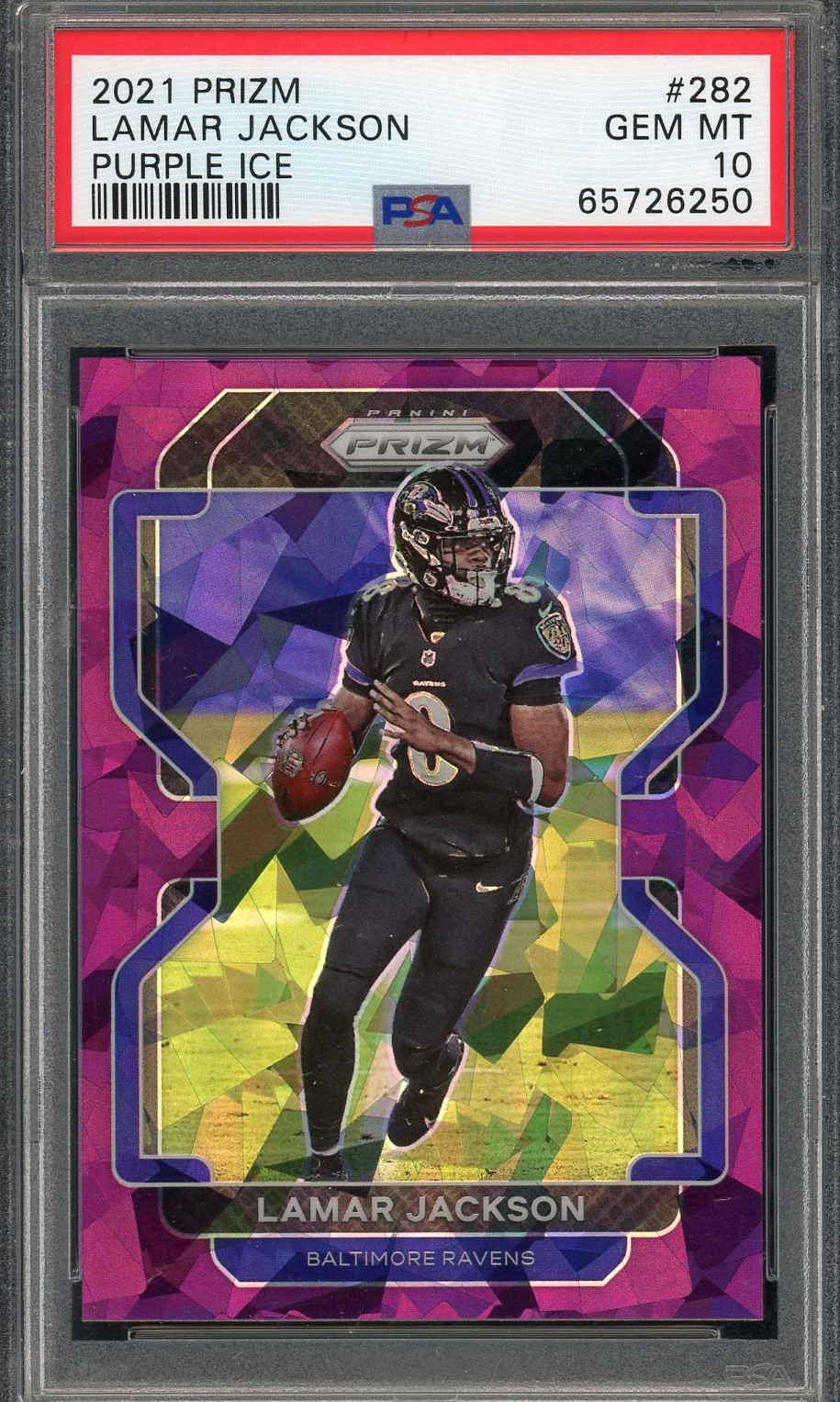 Lamar Jackson 2021 Panini Prizm Purple Ice Football Card #282 PSA 10 43/225
