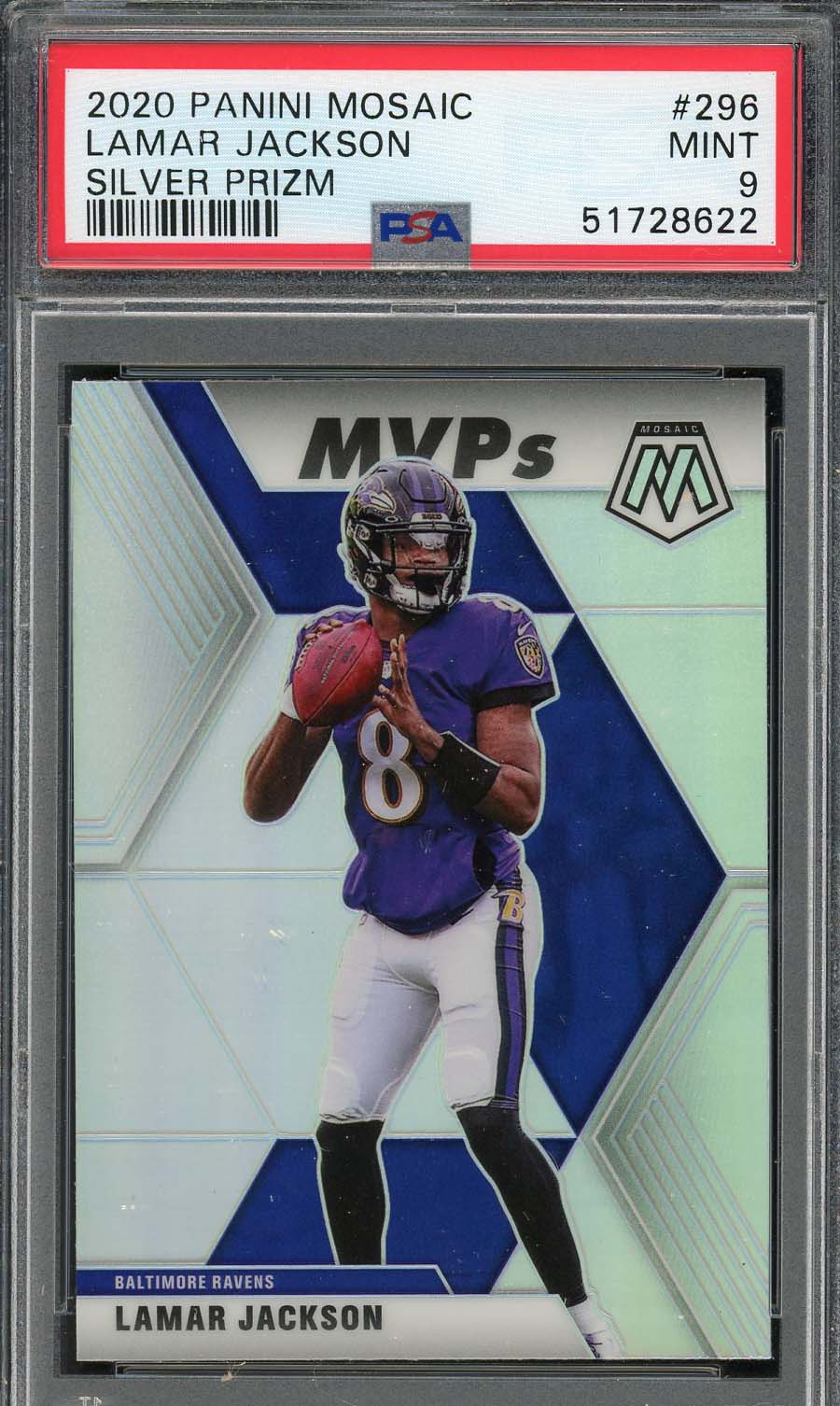 Lamar Jackson 2020 Panini Mosaic Silver Prizm Football Card #296 Graded PSA 9