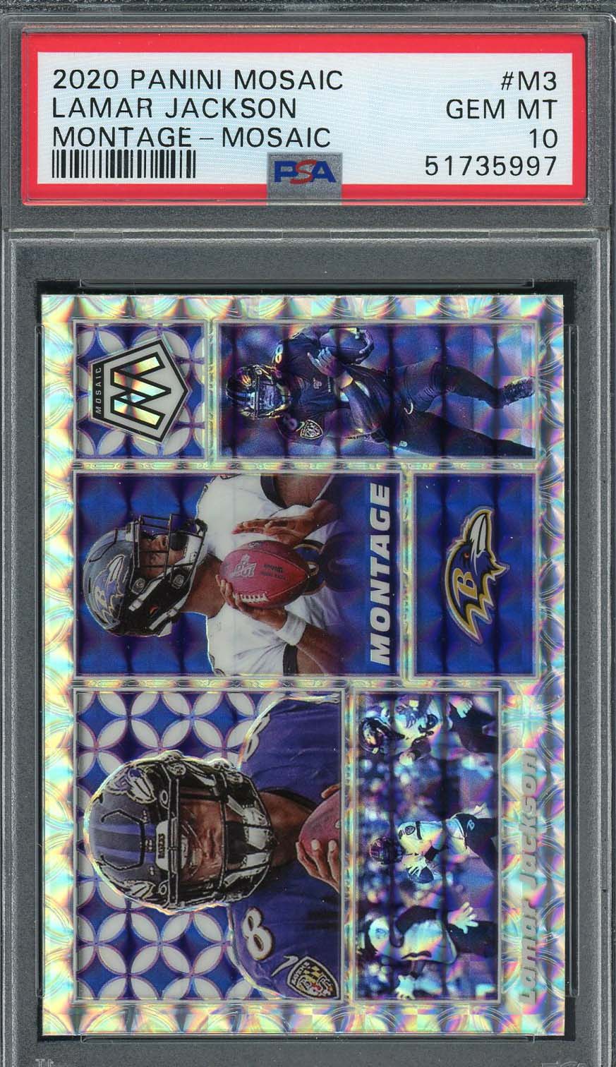 Lamar Jackson 2020 Panini Mosaic Montage Football Card #M3 PSA 10 Lamar Jackson 2020 Panini Mosaic Montage Football Card #M3 PSA 10