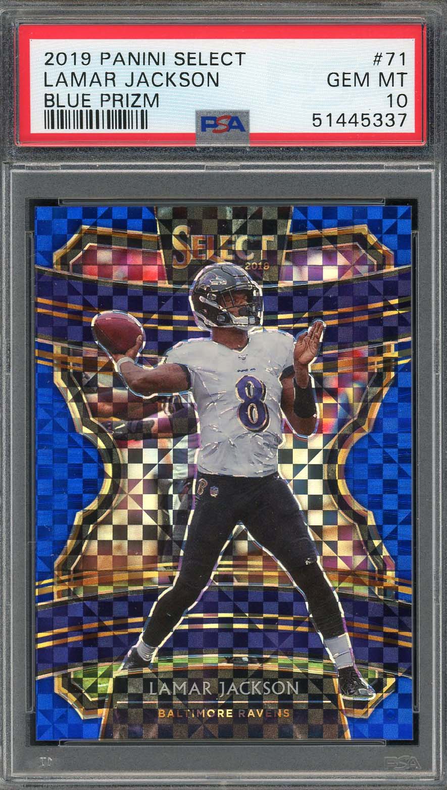 Lamar Jackson 2019 Panini Select Blue Prizm Football Card #71 Graded PSA 10 /175