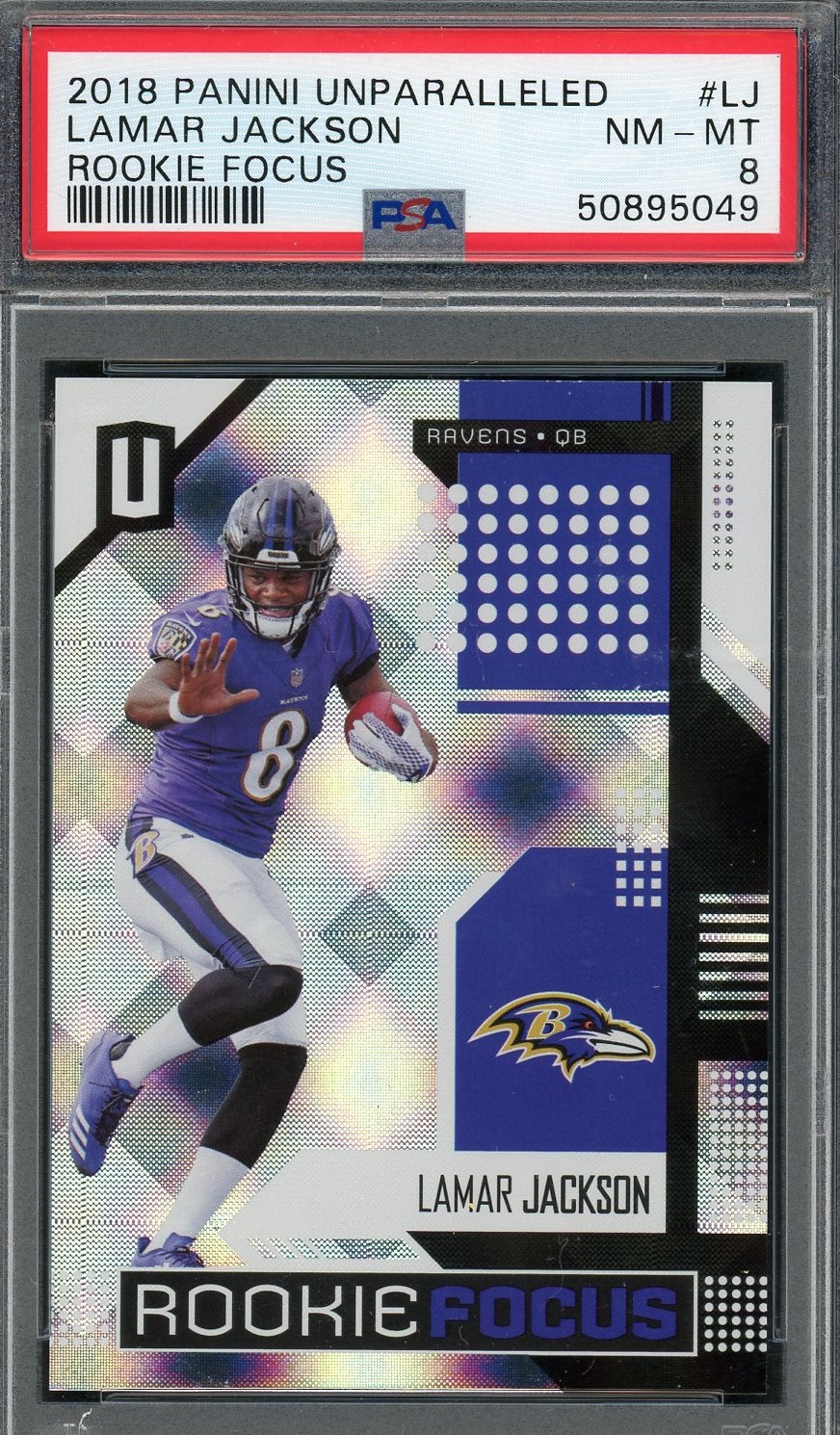 Lamar Jackson 2018 Panini Unparalleled Football Rookie Card #LJ Graded PSA 8