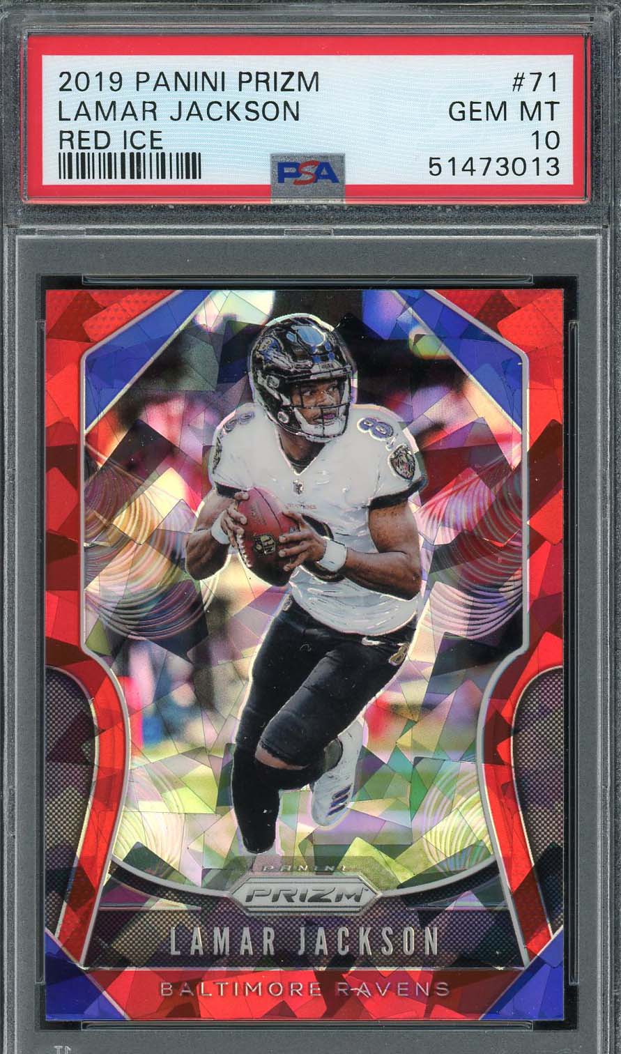 Lamar Jackson 2019 Panini Prizm Red Ice Football Card #71 PSA 10 Lamar Jackson 2019 Panini Prizm Red Ice Football Card #71 PSA 10