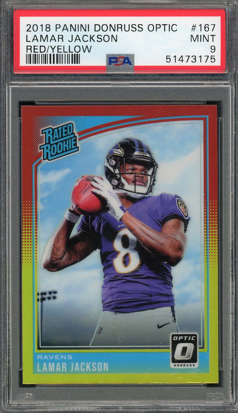 Lamar Jackson 2018 Panini Donruss Optic Red Yellow Rookie Card #167 Graded PSA 9 Lamar Jackson 2018 Panini Donruss Optic Red Yellow Rookie Card #167 Graded PSA 9