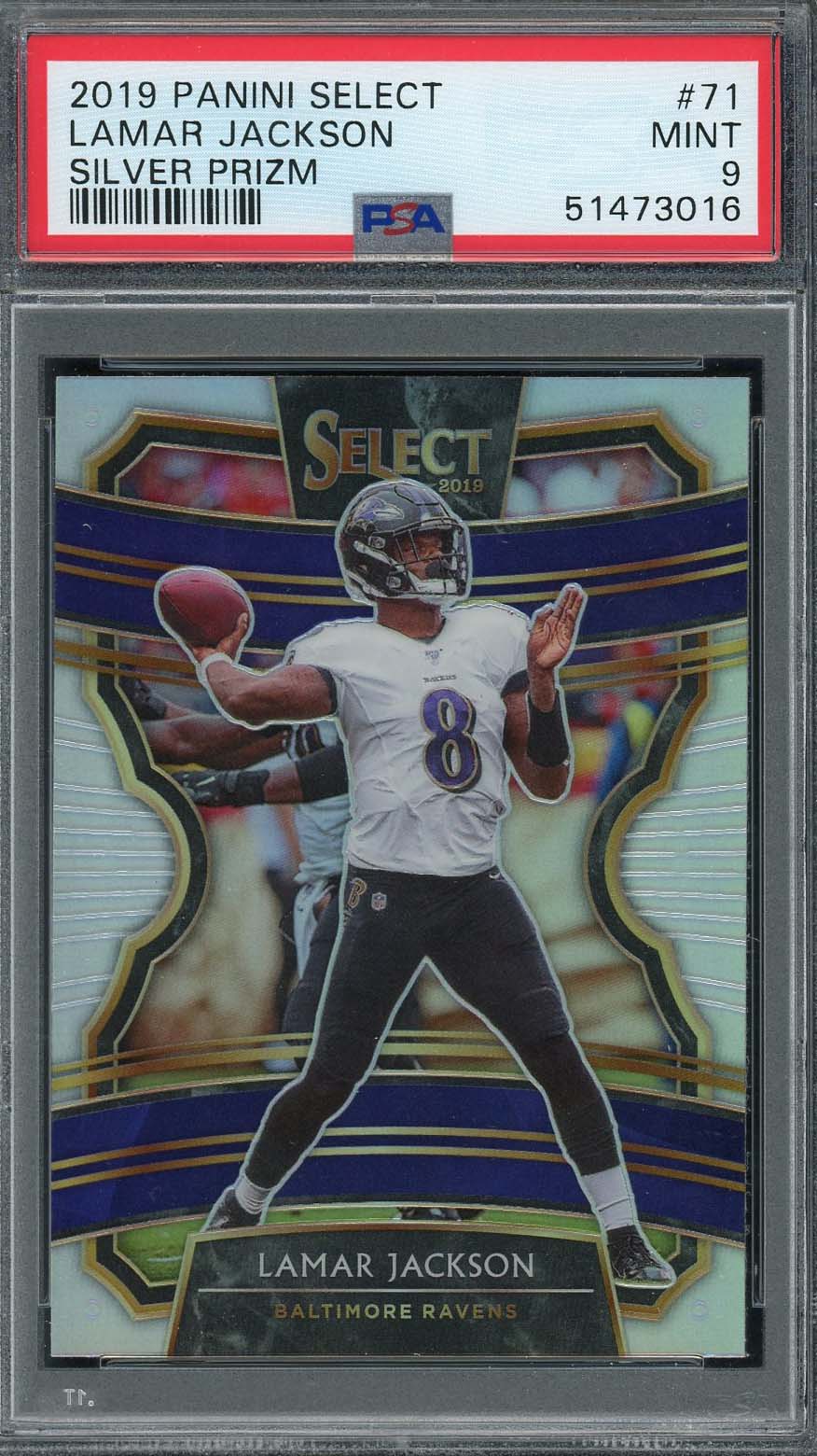 Lamar Jackson 2019 Panini Select Silver Prizm Football Card #71 Graded PSA 9 Lamar Jackson 2019 Panini Select Silver Prizm Football Card #71 Graded PSA 9